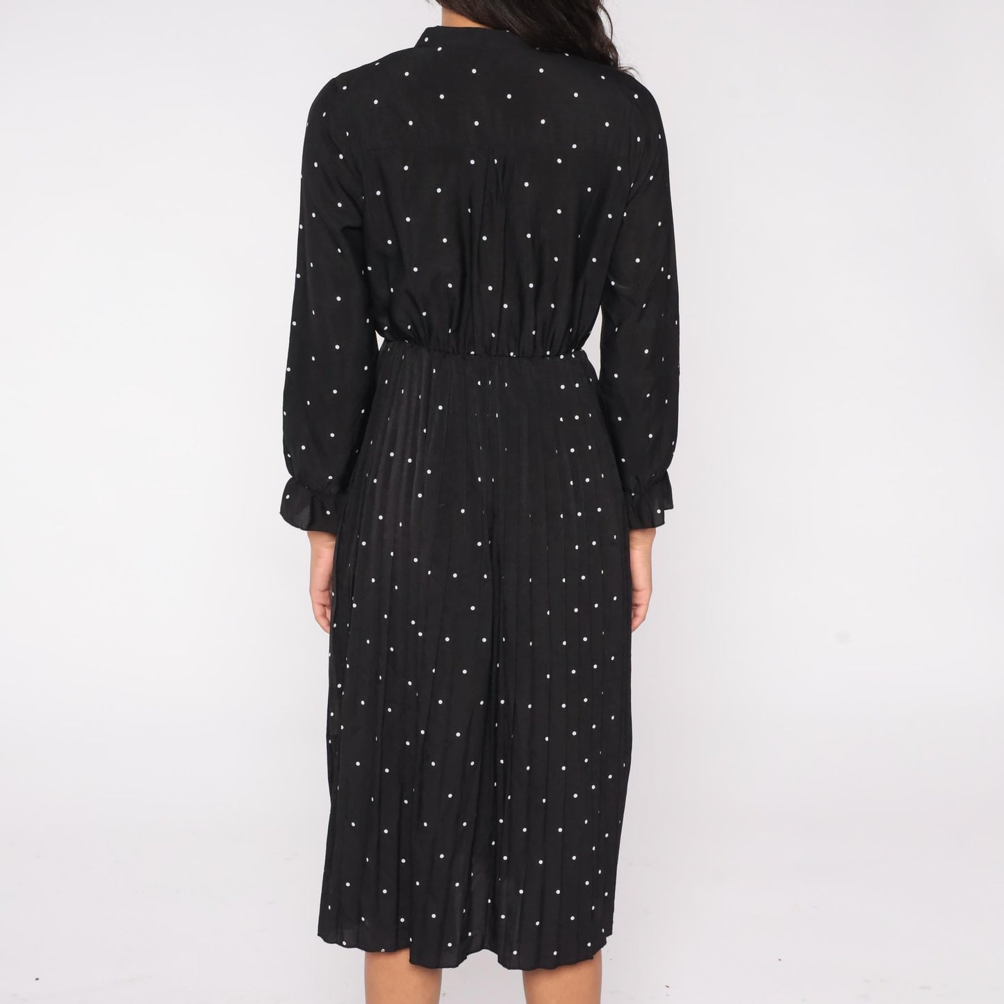 Y2K Black Polka Dot Midi Dress White Dots Pussy Bow Long Sleeve Medium
