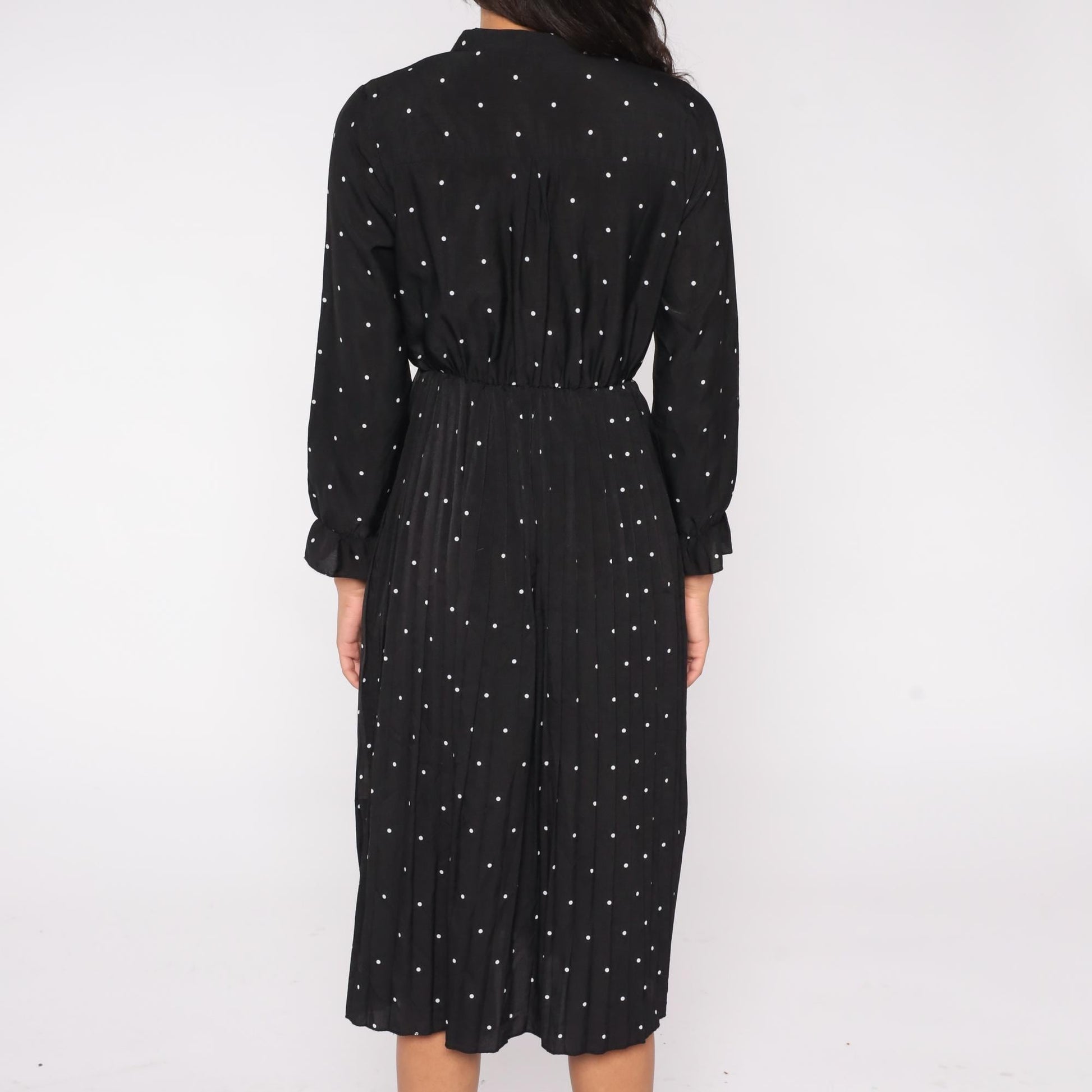 Y2K Black Polka Dot Midi Dress White Dots Pussy Bow Long Sleeve Medium