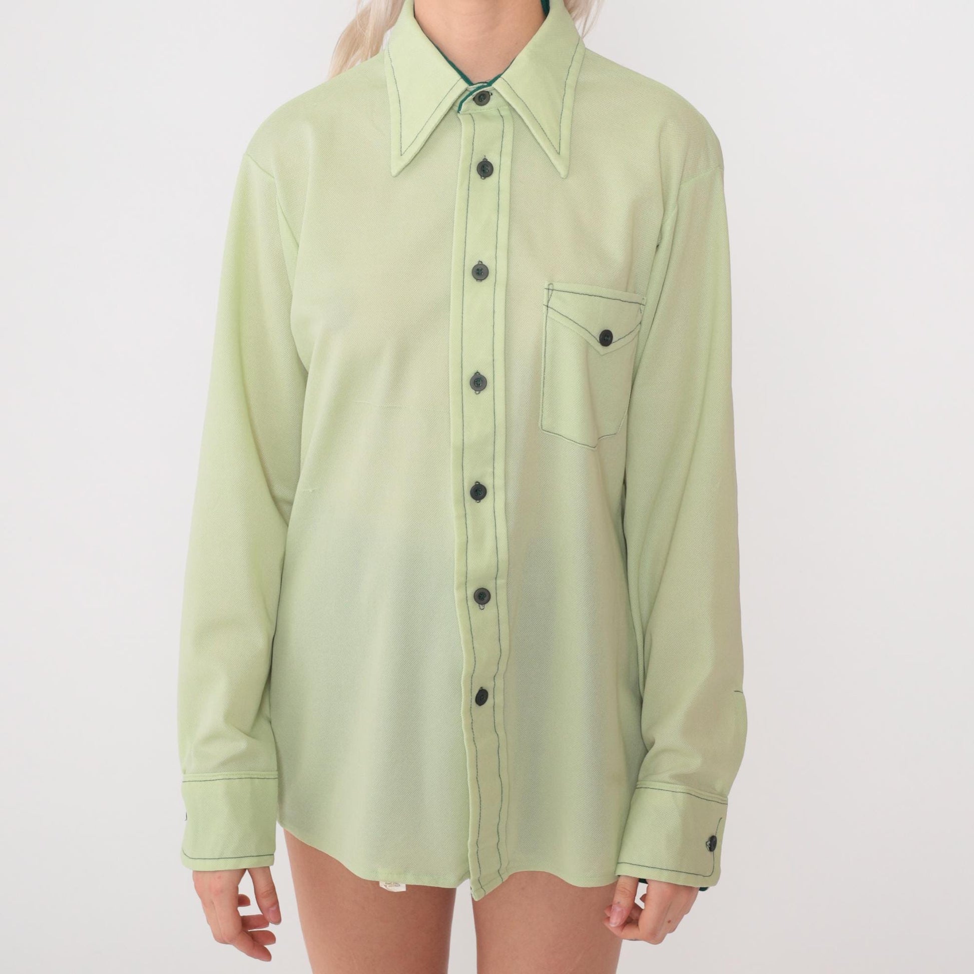 70s Mint Green Button Up Shirt Long Sleeve Collared Men's Large