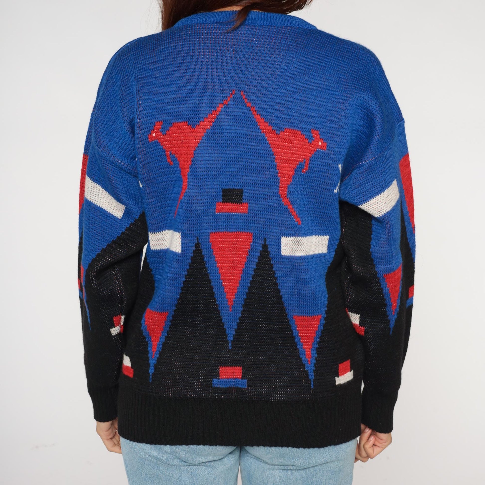 80s Hysport Australian Wool Sweater Kangaroo Geometric Colorblock Royal Blue Medium