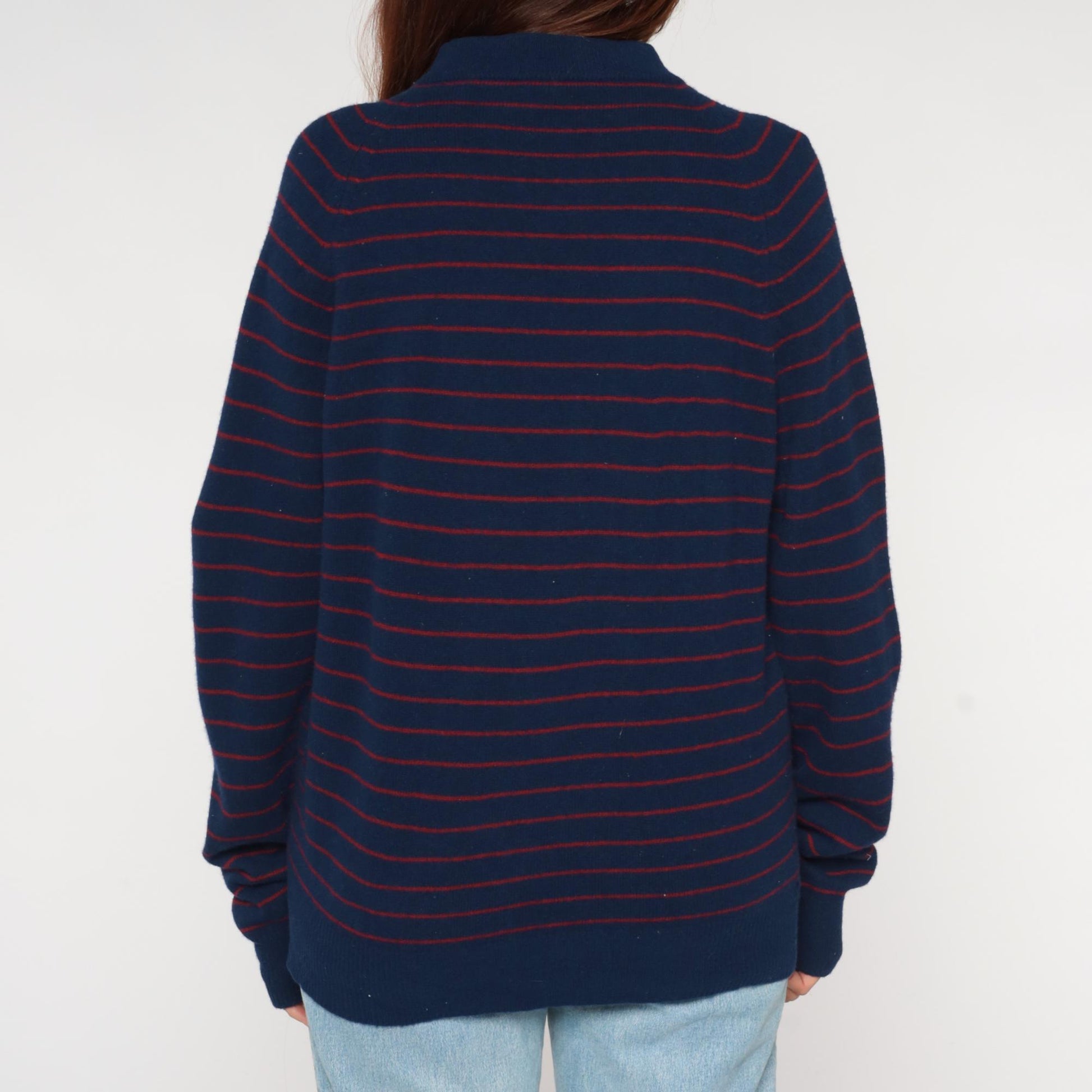 80s Vaughn Lambswool Nautical Sweater Navy Striped Mock Neck Medium