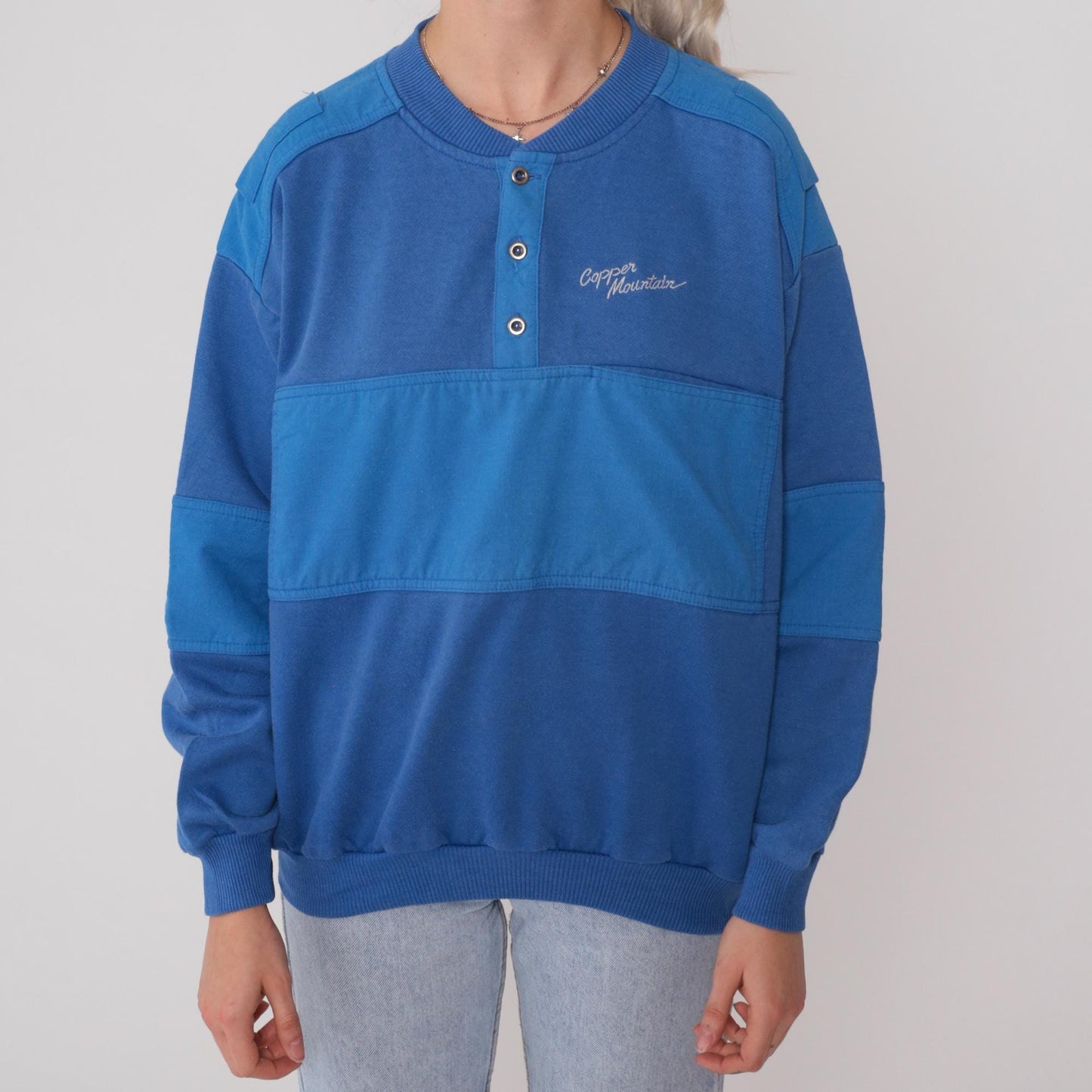 80s Copper Mountain Ski Henley Sweatshirt Blue Color Block Large L