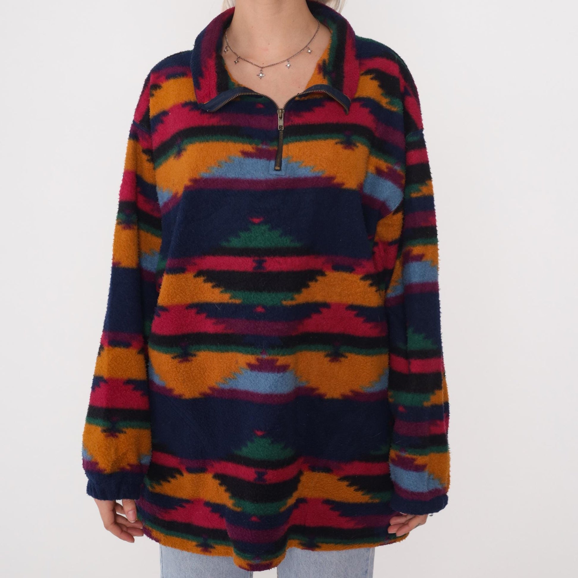 90s Denim Express Aztec Fleece Half-Zip Pullover Multicolor Tribal Large L