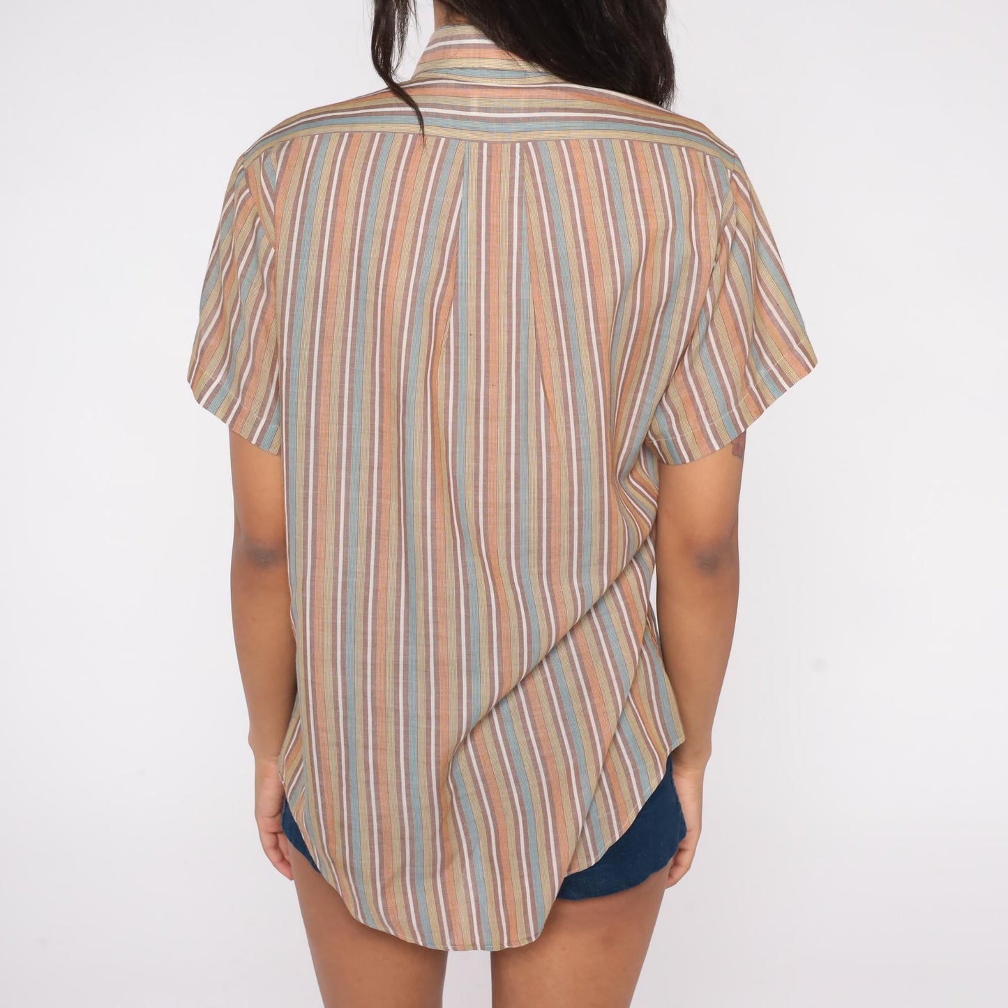 80s Exclusive Multicolor Striped Button-Down Shirt Tan Blue Peach Medium