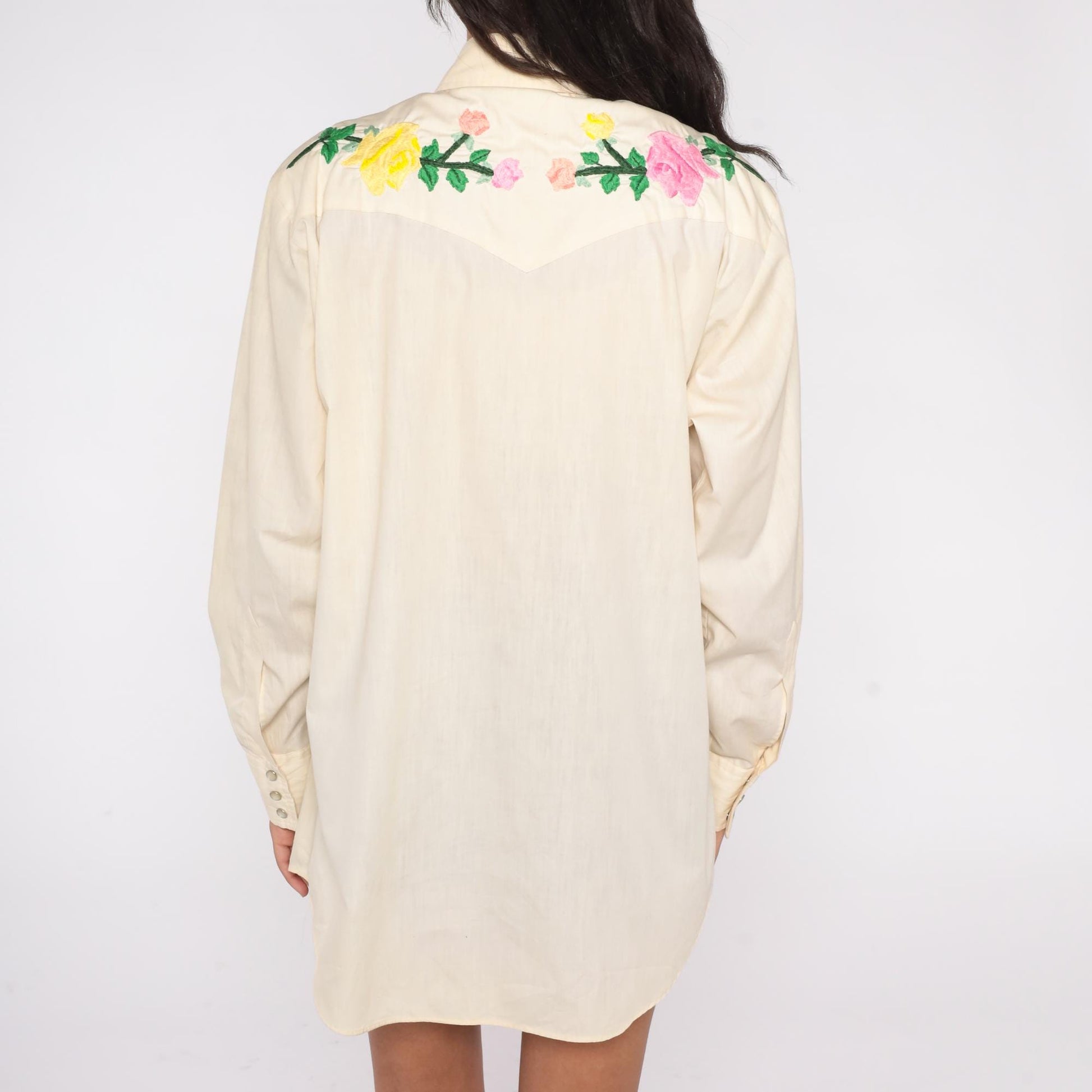 70s Lee Western Shirt Cream Floral Embroidered Pearl Snap Unisex Large