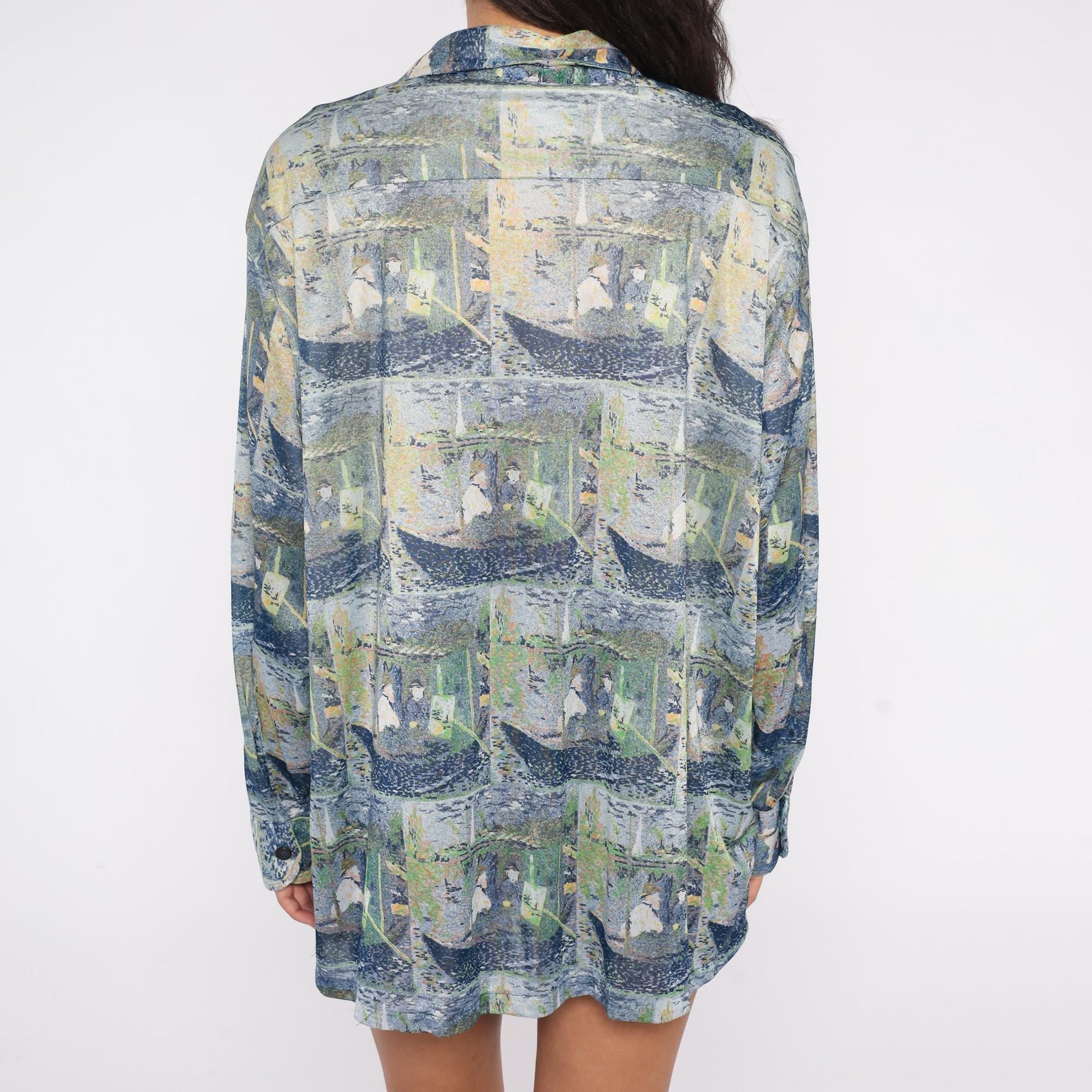70s Claude Monet Impressionist Boating Scene Button Down Shirt Blue Green XXL