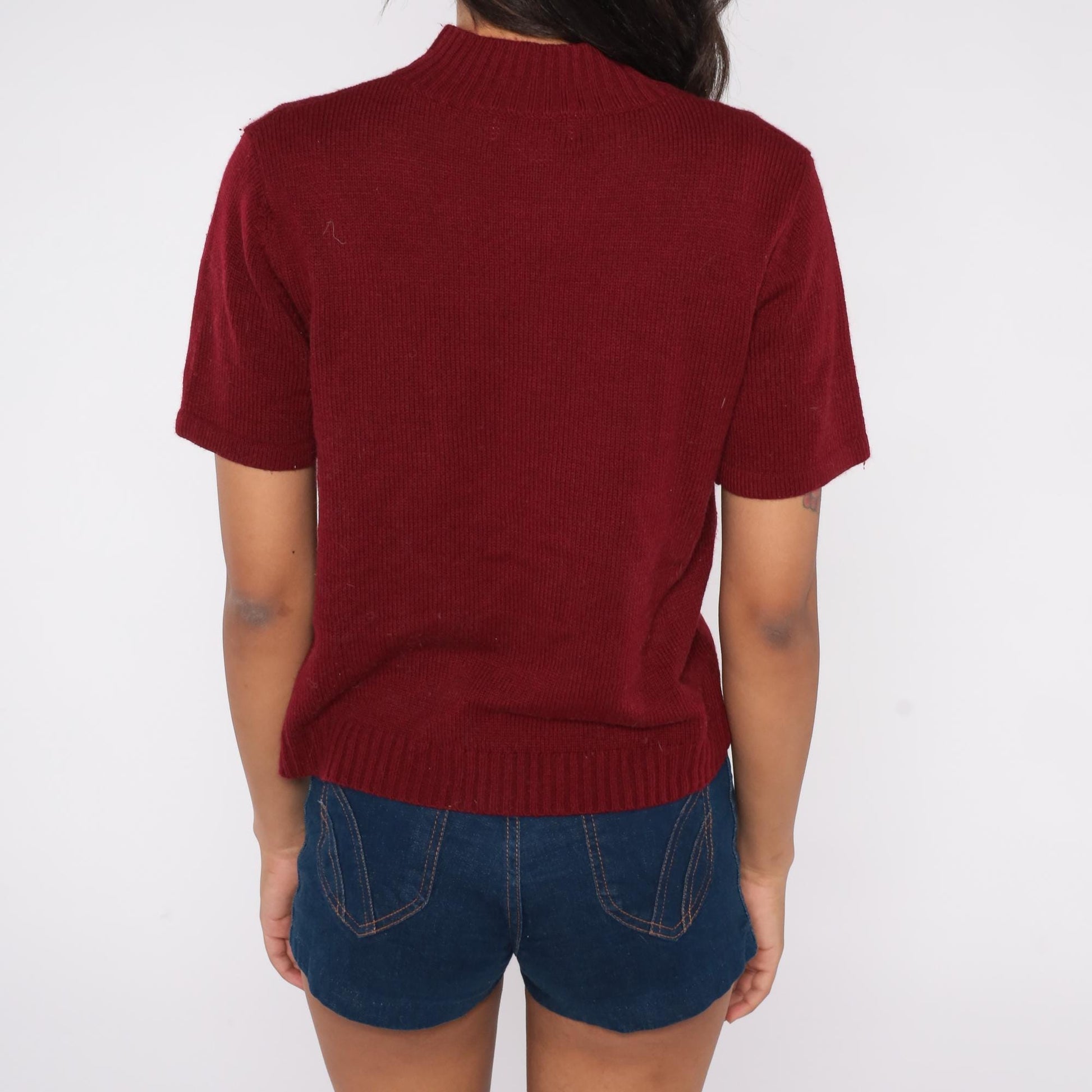 80s Joan Leslie Burgundy Mock Neck Ribbed Knit Top Short Sleeve Large L