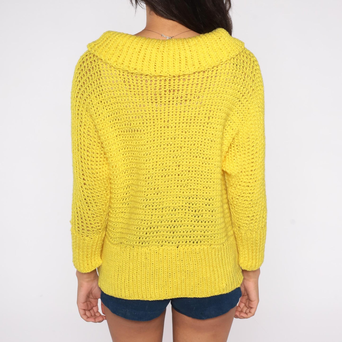 80s Yellow Open Knit Cowl Neck Sweater Long Sleeve Medium