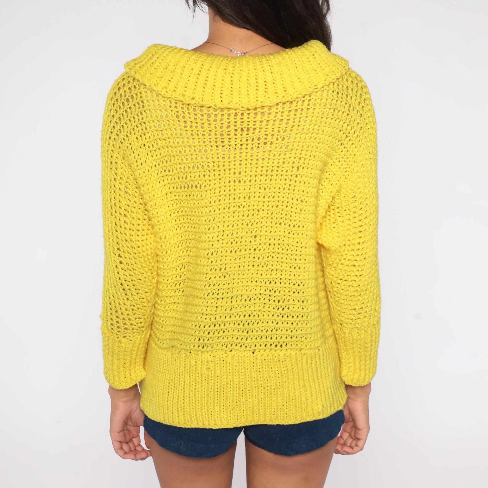 80s Yellow Open Knit Cowl Neck Sweater Long Sleeve Medium
