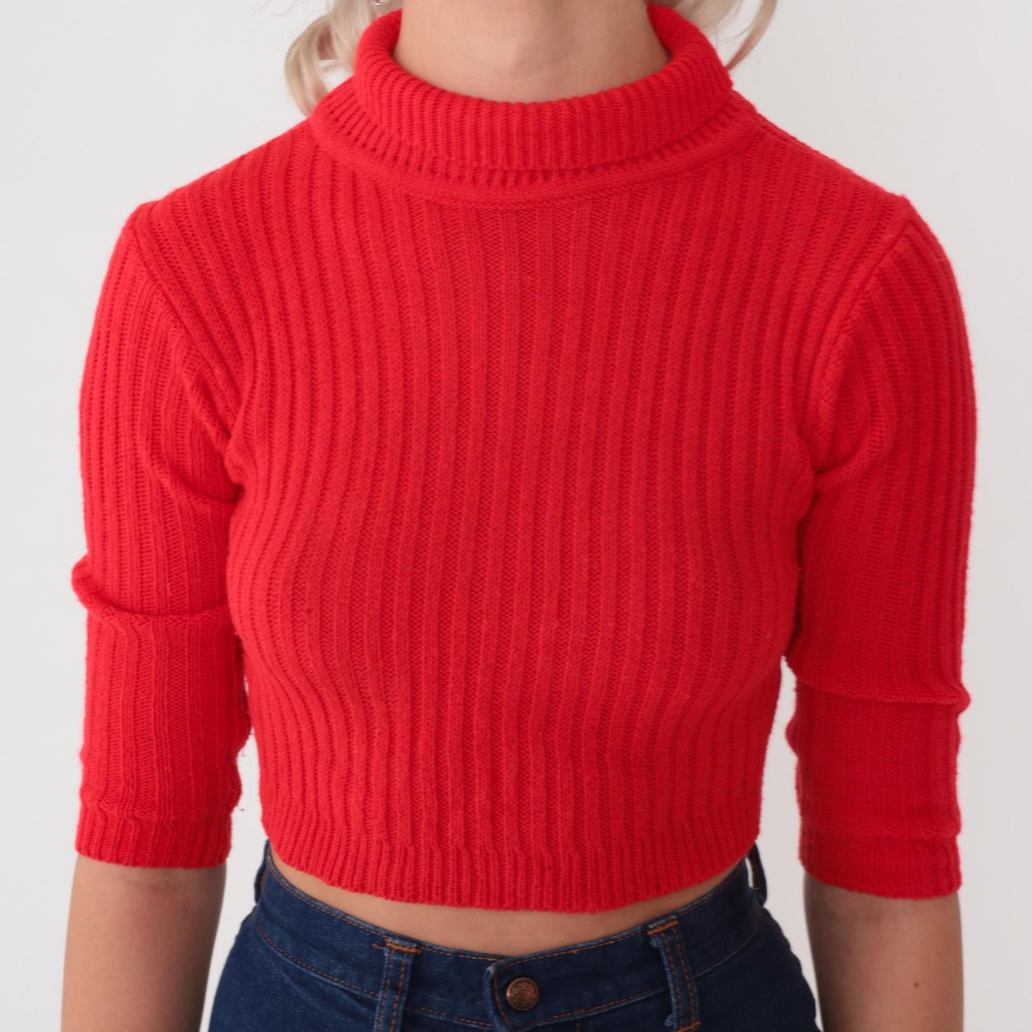 70s Red Ribbed Knit Crop Sweater Mock Neck Three Quarter Sleeve Small