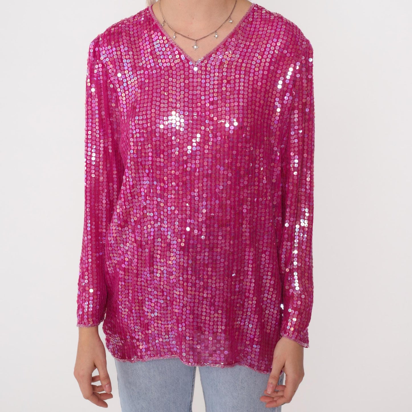90s Hot Pink Sequin Silk Blouse Iridescent V-Neck Long Sleeve Small