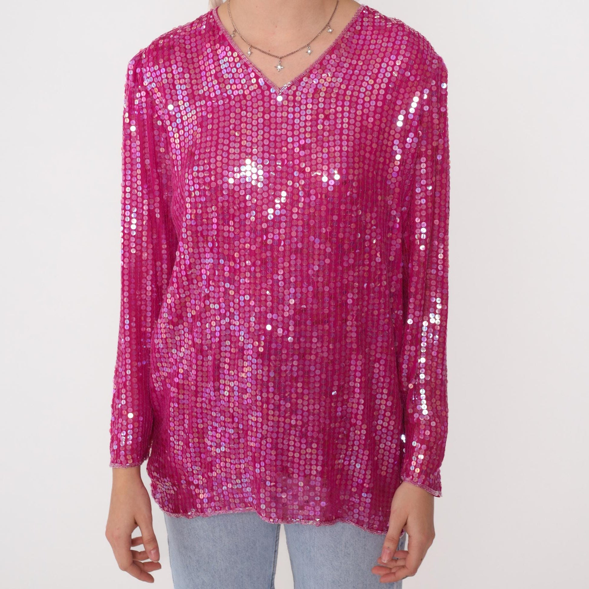 90s Hot Pink Sequin Silk Blouse Iridescent V-Neck Long Sleeve Small