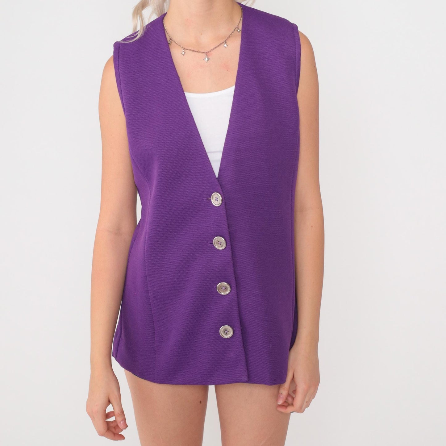 70s Purple Button Front Vest V Neck Textured Knit Sleeveless Waistcoat Medium