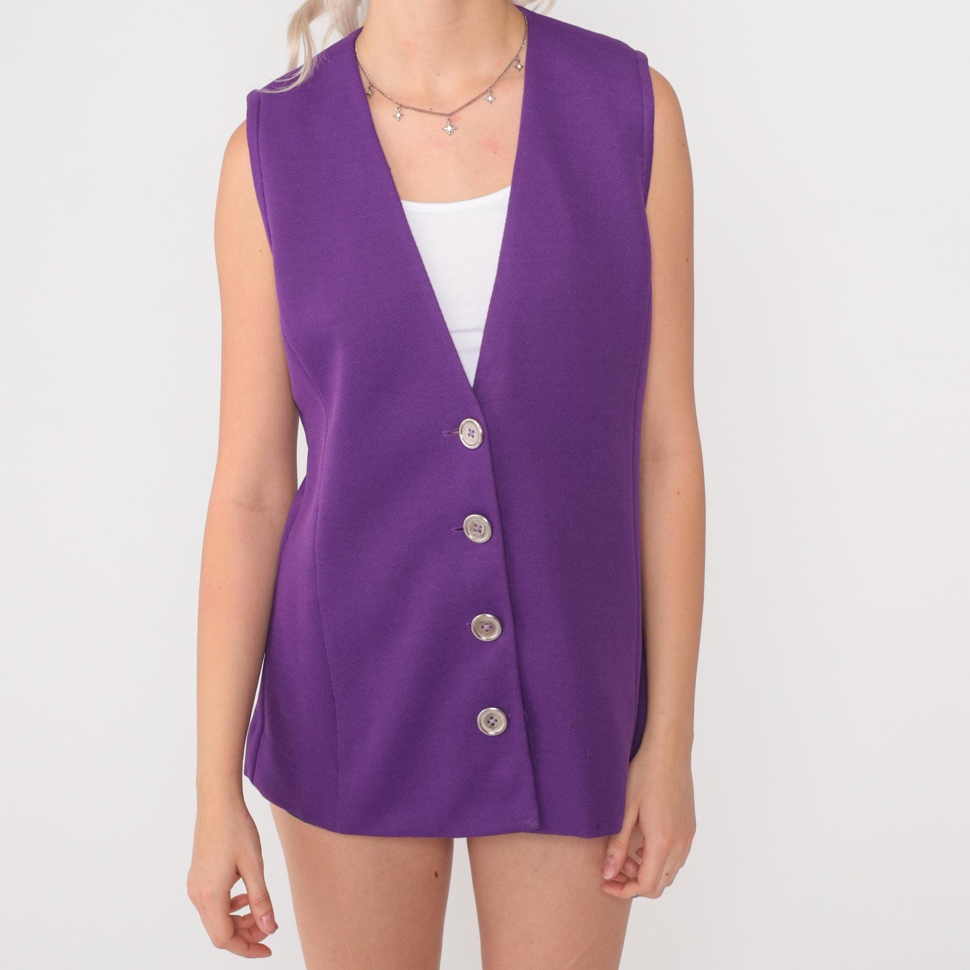 70s Purple Button Front Vest V Neck Textured Knit Sleeveless Waistcoat Medium