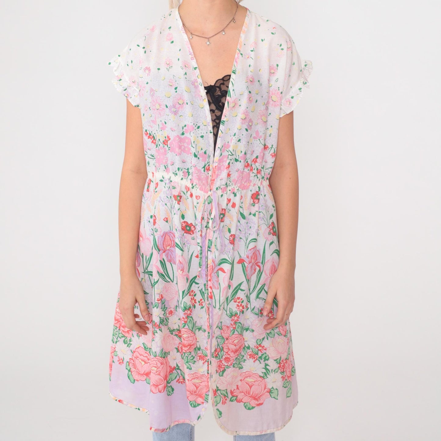 70s Pink Rose Floral Duster Jacket White Cotton Empire Waist Maxi Robe Small