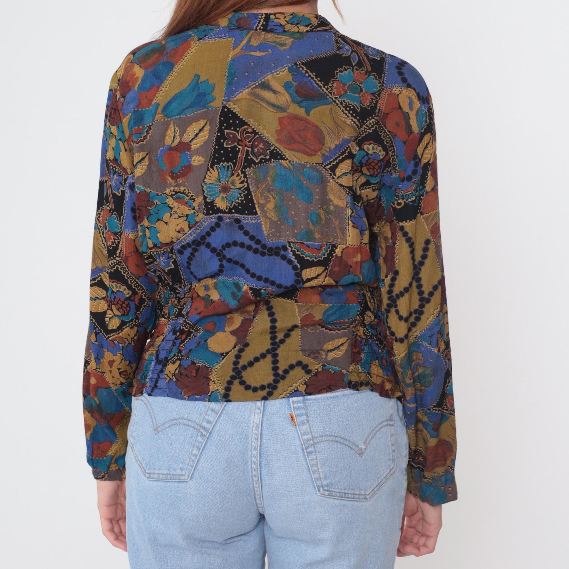 90s Ms Interpret Wrap Blouse Abstract Patchwork Long Sleeve Medium M