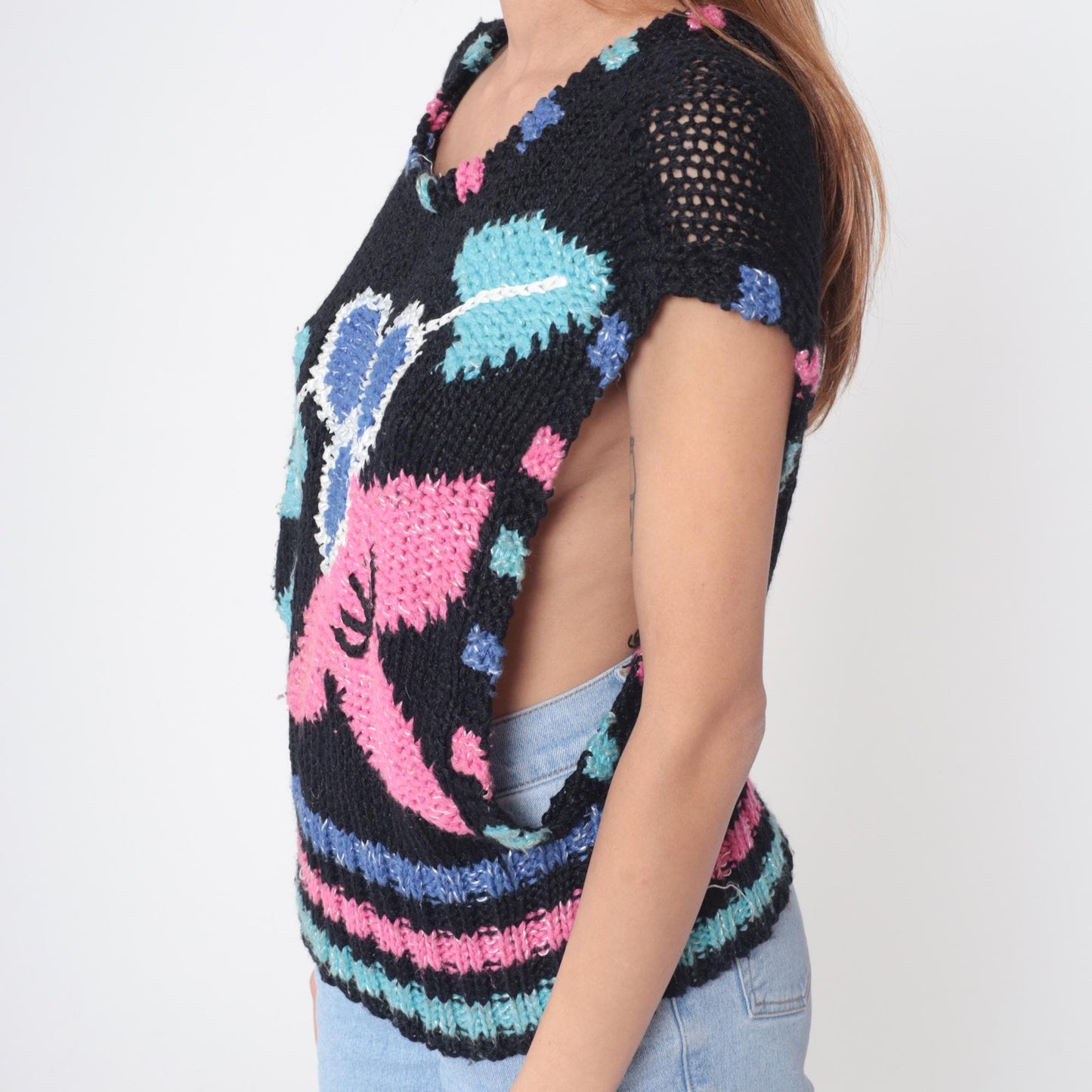 80s Sheridan Unique Knit Sweater Vest Black Floral Hot Pink Electric Blue Medium M