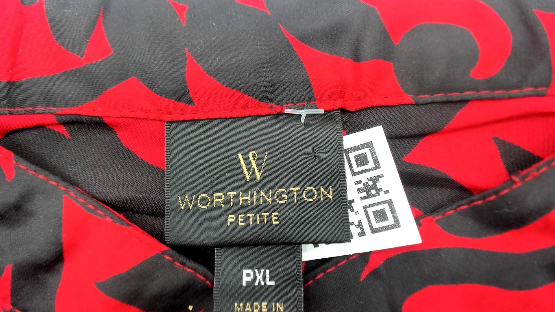 Y2K Worthington Petite Mandarin Collar Blouse Red Black Scroll Print Long Sleeve Extra Large