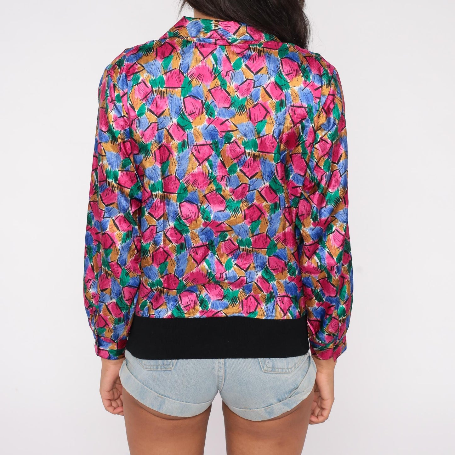 80s Petite Notations Geometric Abstract Blouse Hot Pink Blue Green Gold Black Medium