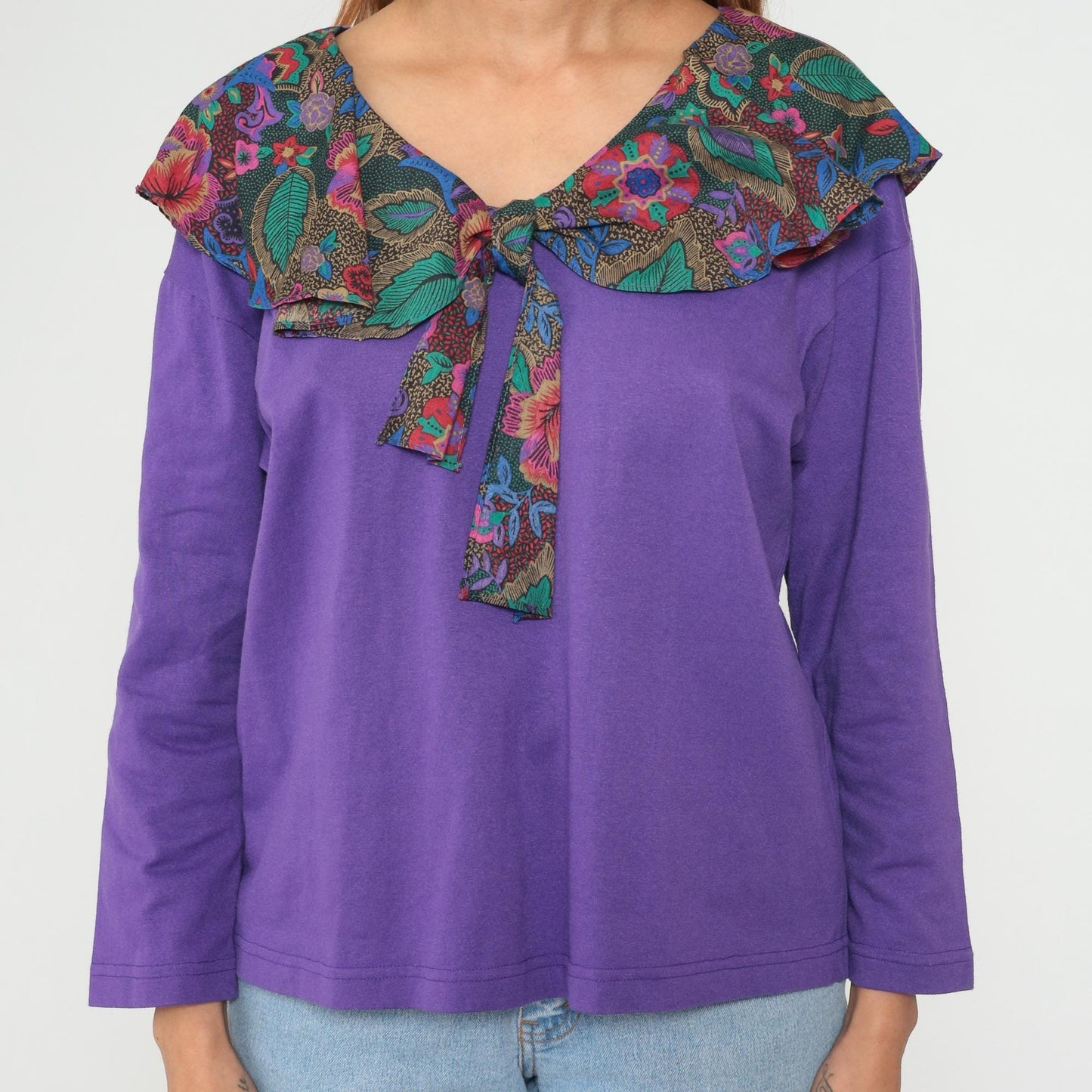 90s Purple Floral Tie Neck Cotton Blouse Long Sleeve V-Neck Medium M