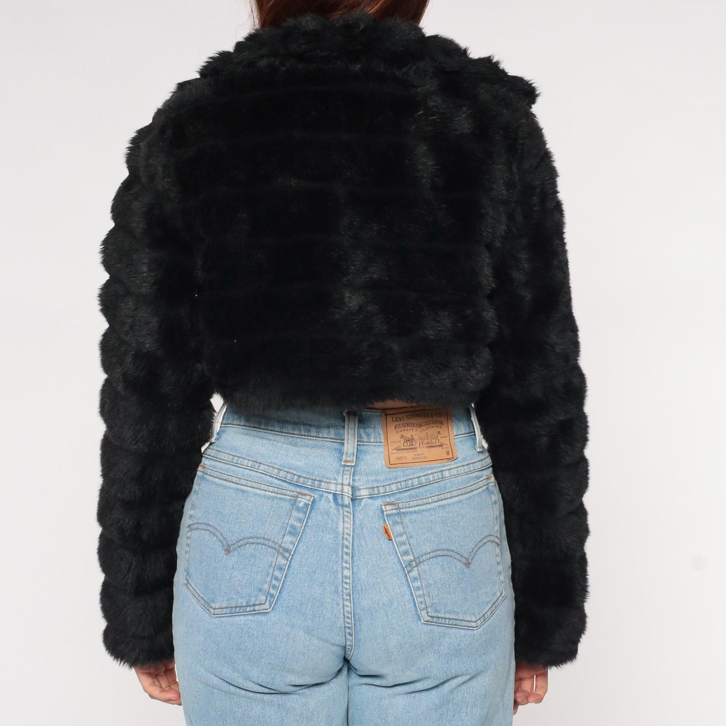 Y2K Black Faux Fur Cropped Jacket Oversized Collar Long Sleeve Medium
