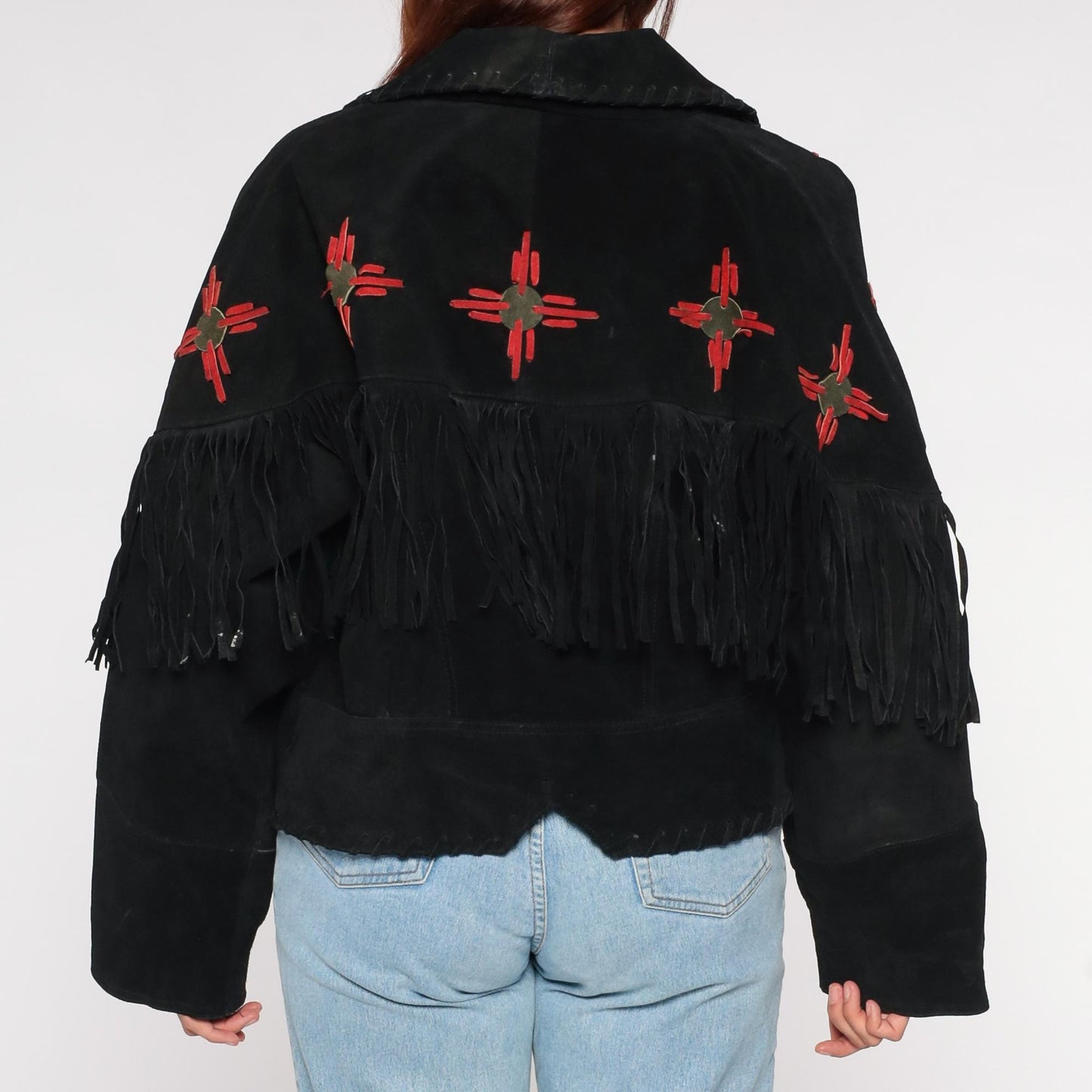 90s Learsi Black Leather Western Jacket Fringe Red Star Motif Large L