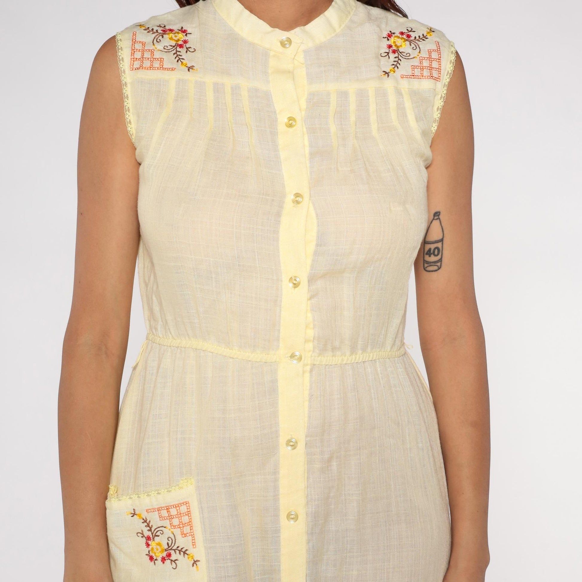 70s Sears Yellow Sleeveless Shirt Dress Floral Embroidery Small S