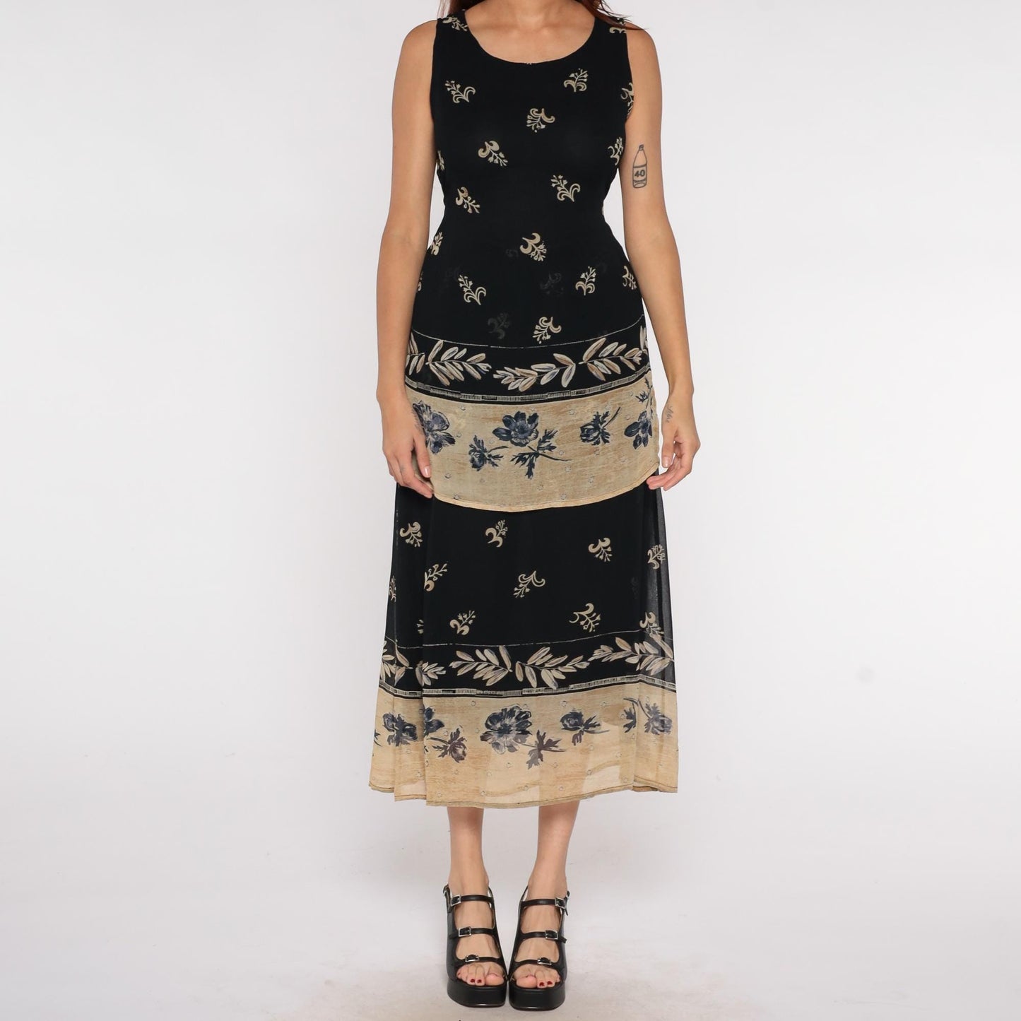 Y2K Bila Black Maxi Dress Tan Floral Border Print Sleeveless Small