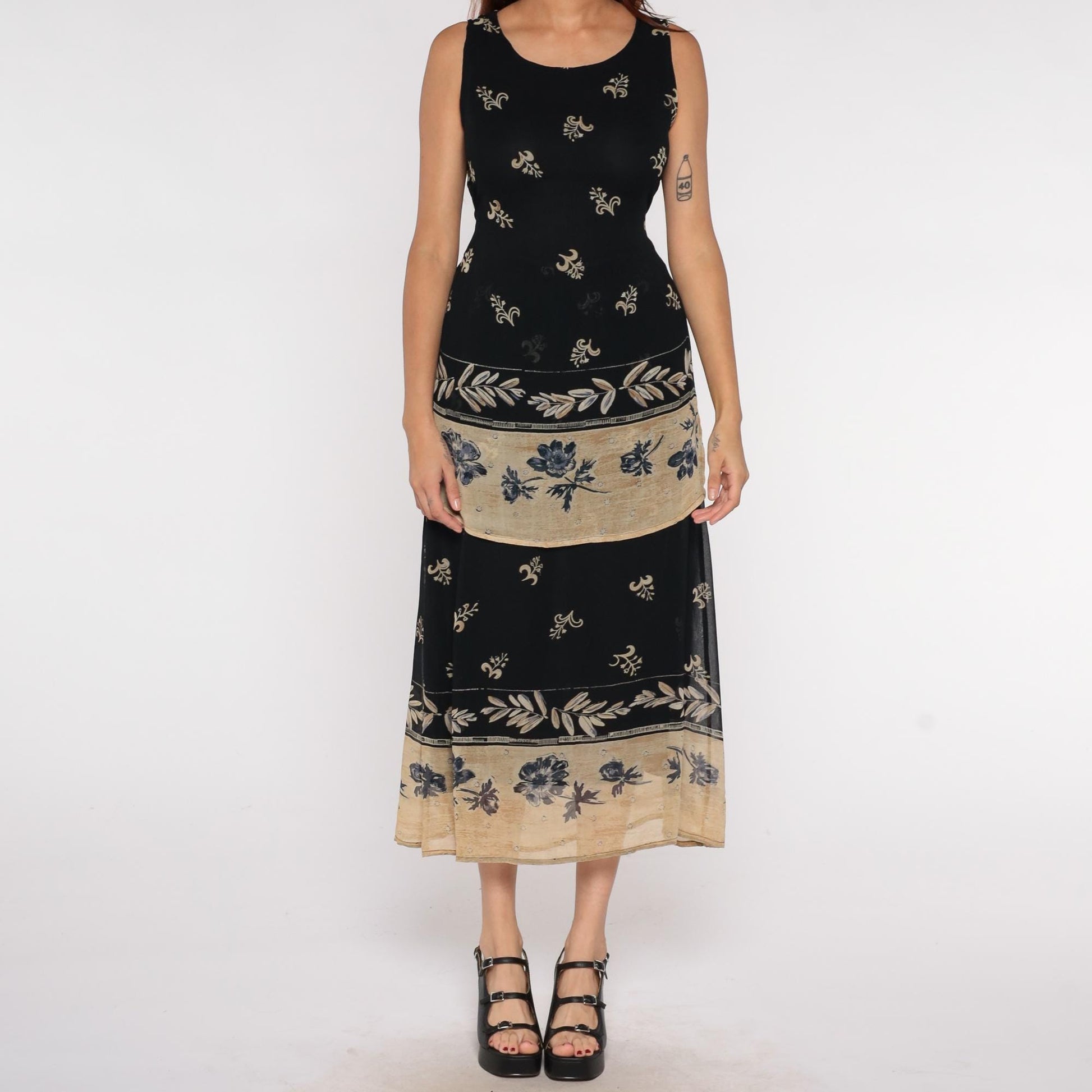 Y2K Bila Black Maxi Dress Tan Floral Border Print Sleeveless Small