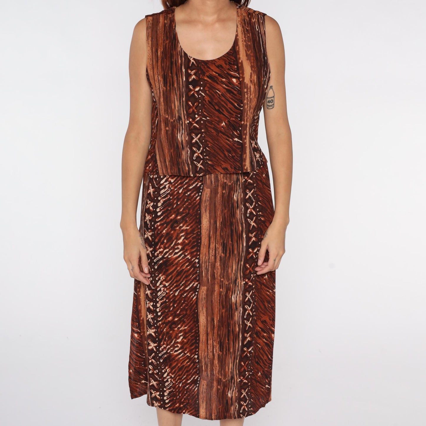 90s Rabbit Designs Batik Midi Dress Brown Tribal Print Rayon Medium