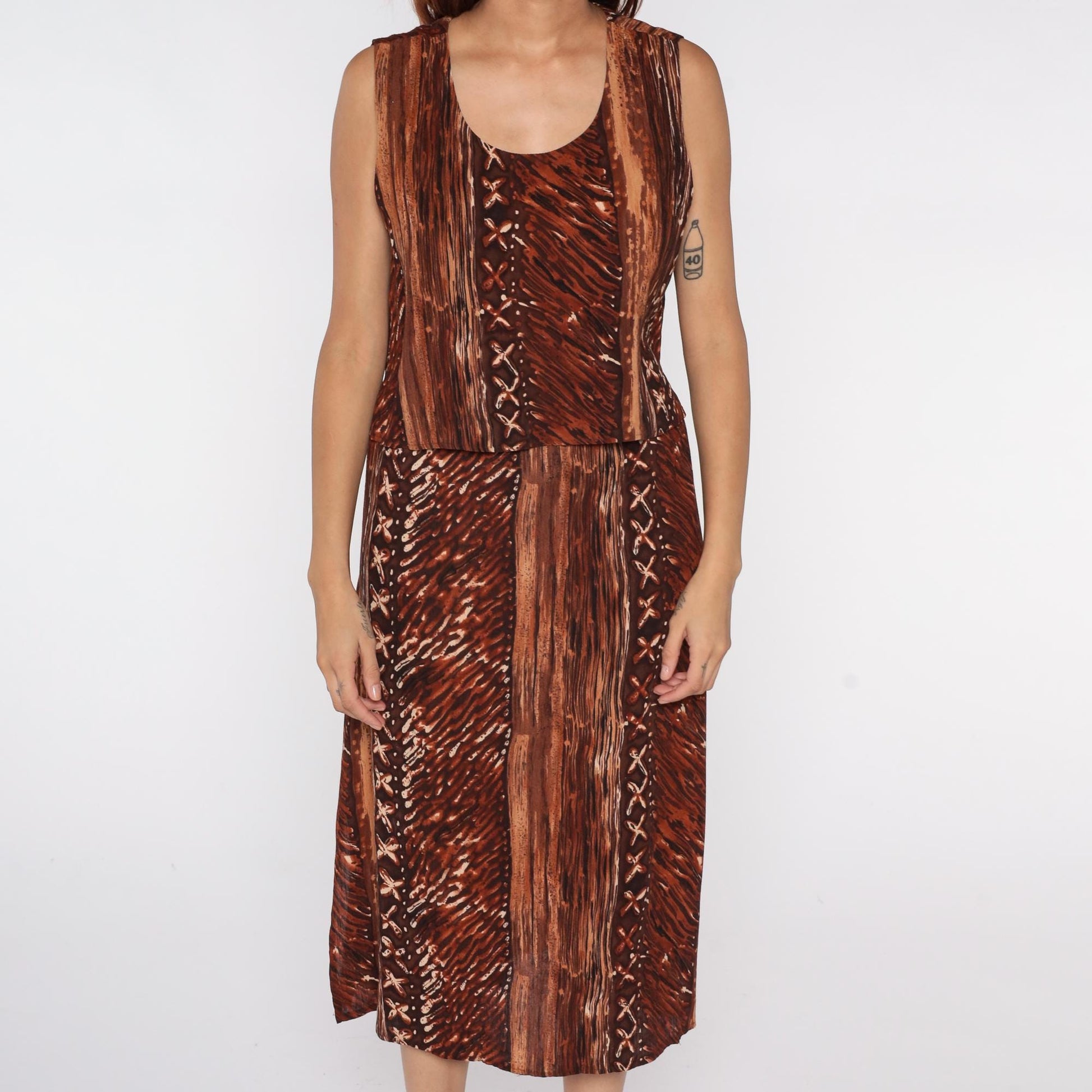 90s Rabbit Designs Batik Midi Dress Brown Tribal Print Rayon Medium