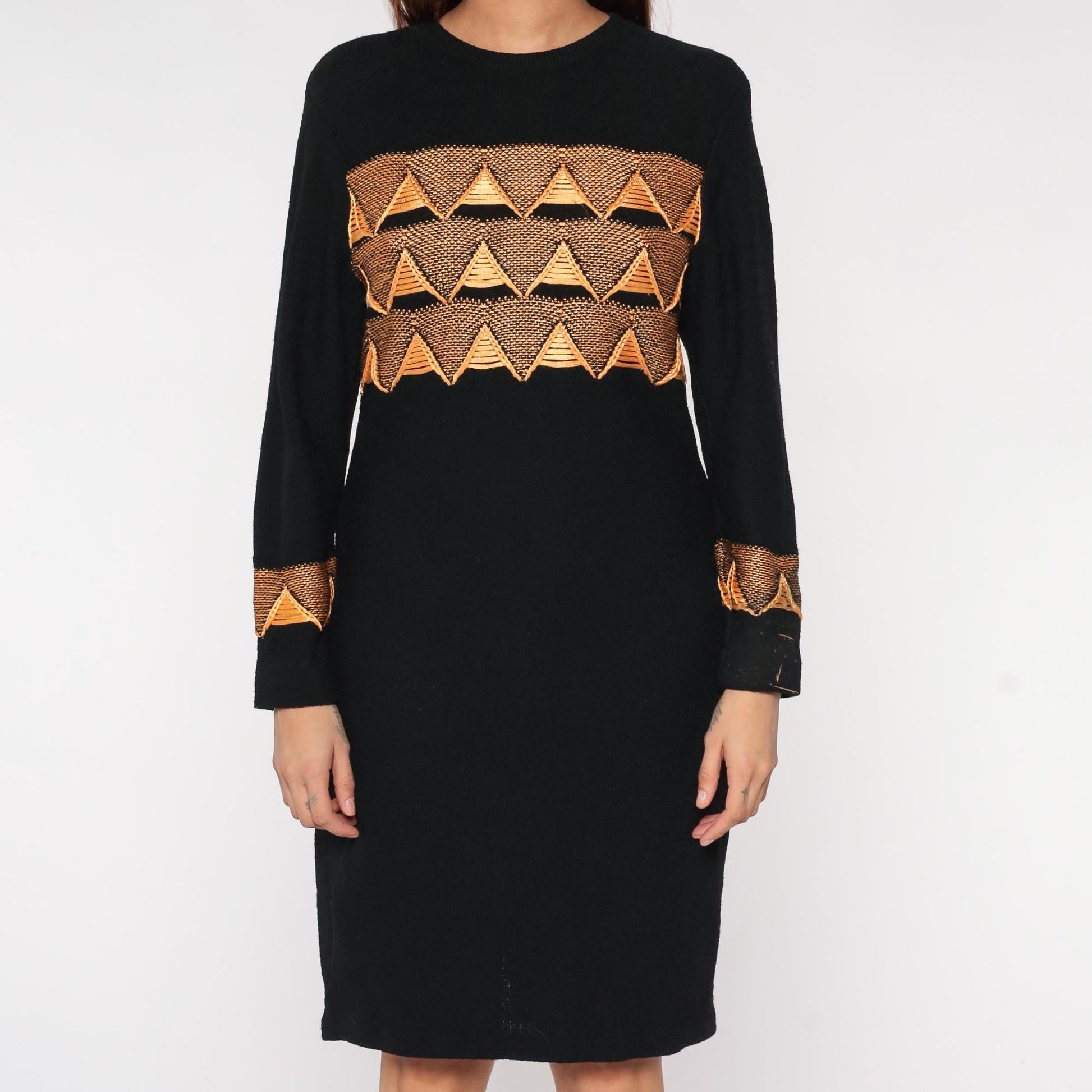90s Steve Fabrikant Black Sweater Dress Gold Triangle Pattern Medium M