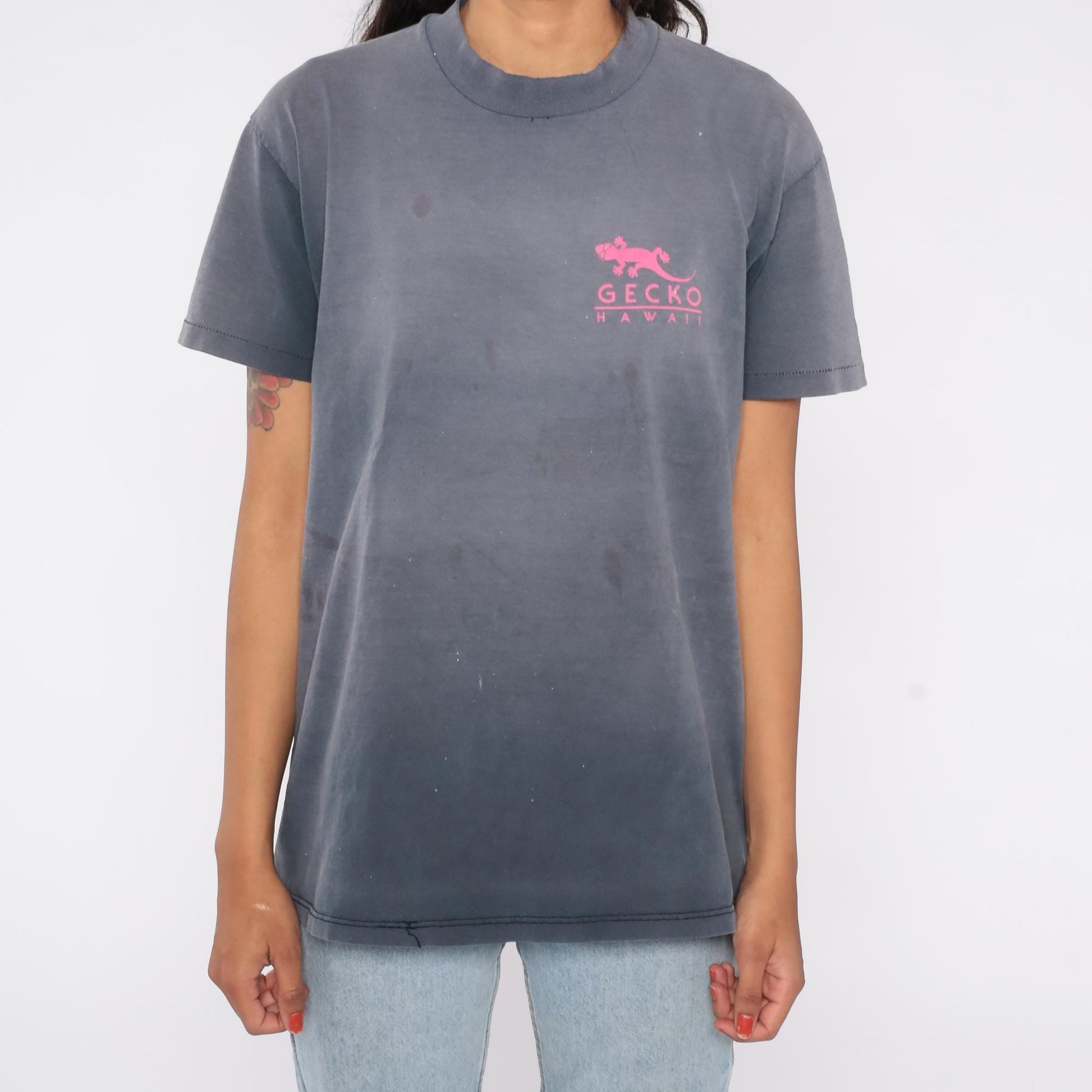 90s Gecko Hawaii Surf Tee Gray Neon Graphic Cotton Large L