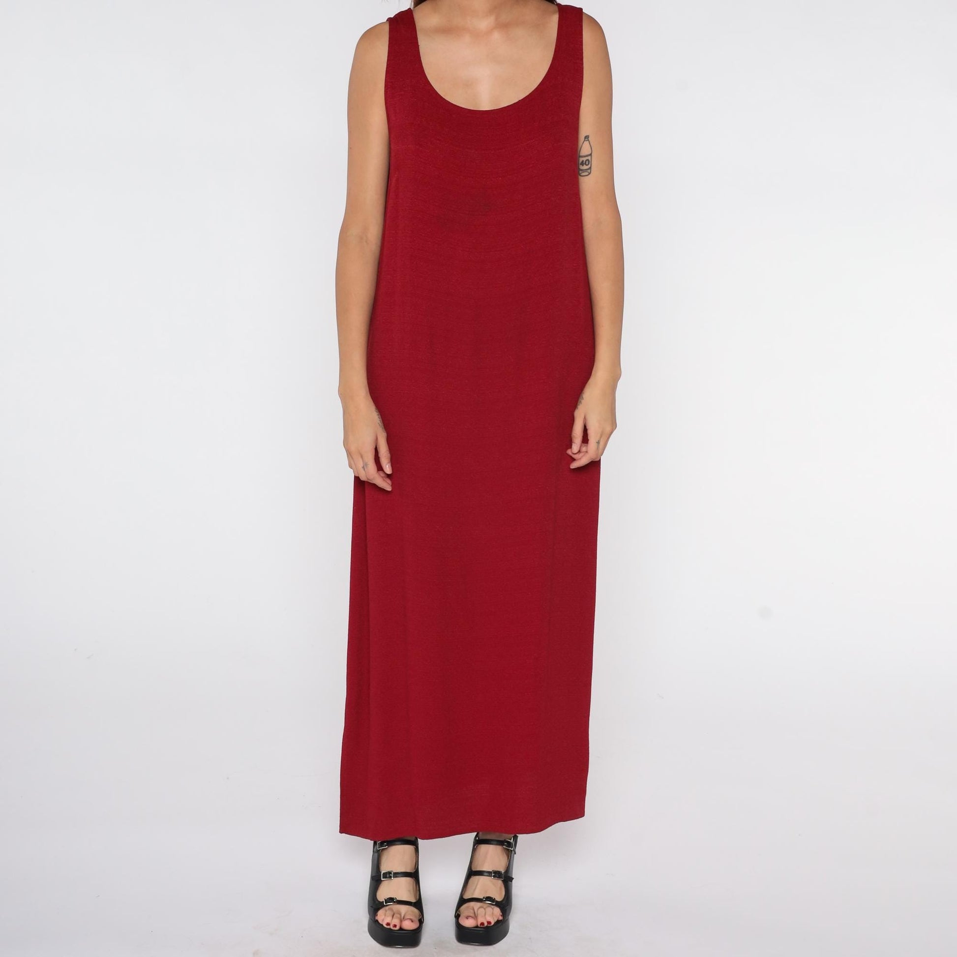 90s Jessica Howard Burgundy Maxi Dress Sleeveless Column Scoop Neck Side Slit Large