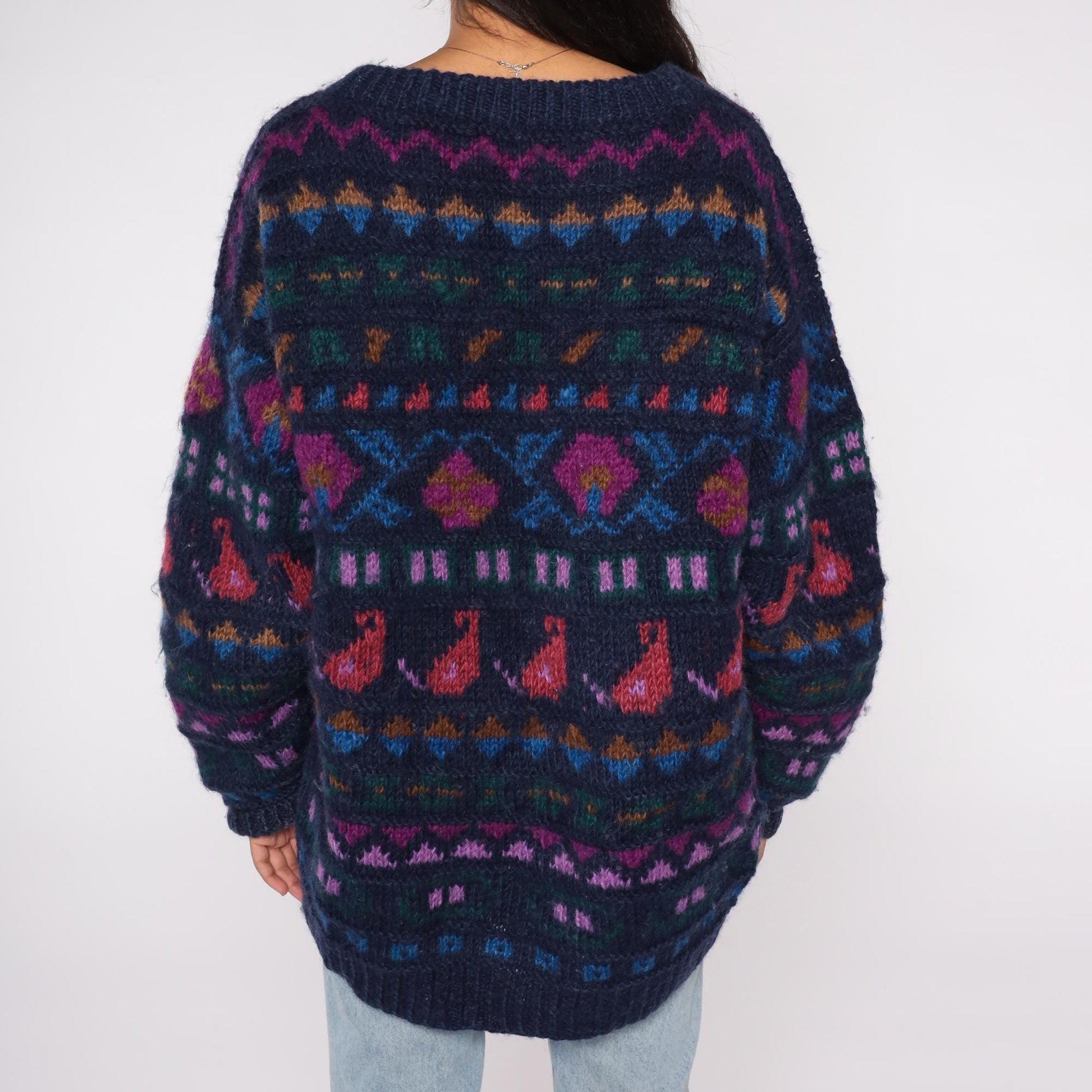 90s Ganesh Himal Hand Knit Wool Sweater Navy Fair Isle Geometric Pullover Extra Large
