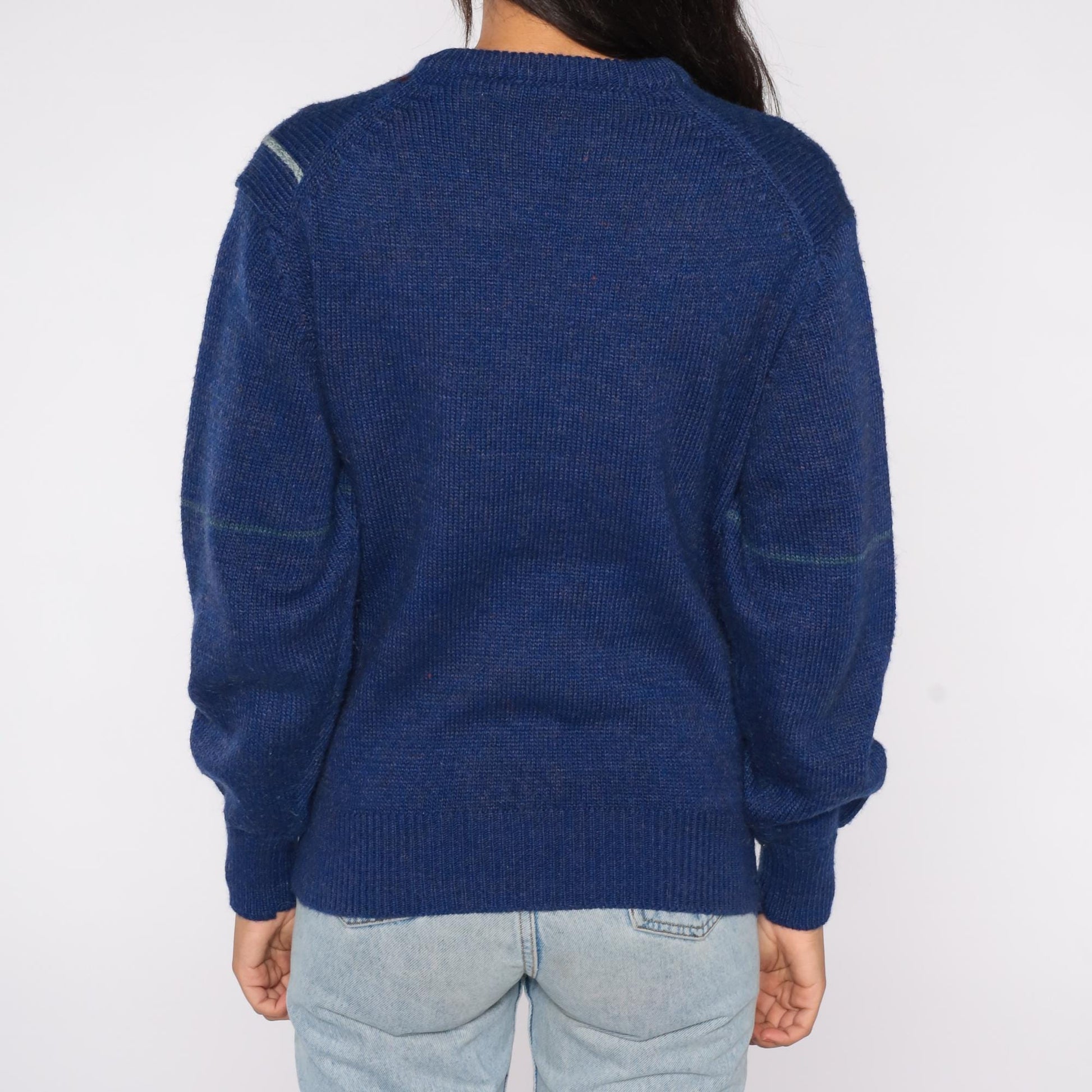 80s Navy Wool Blend Sweater Abstract Geometric Pattern Crewneck Medium
