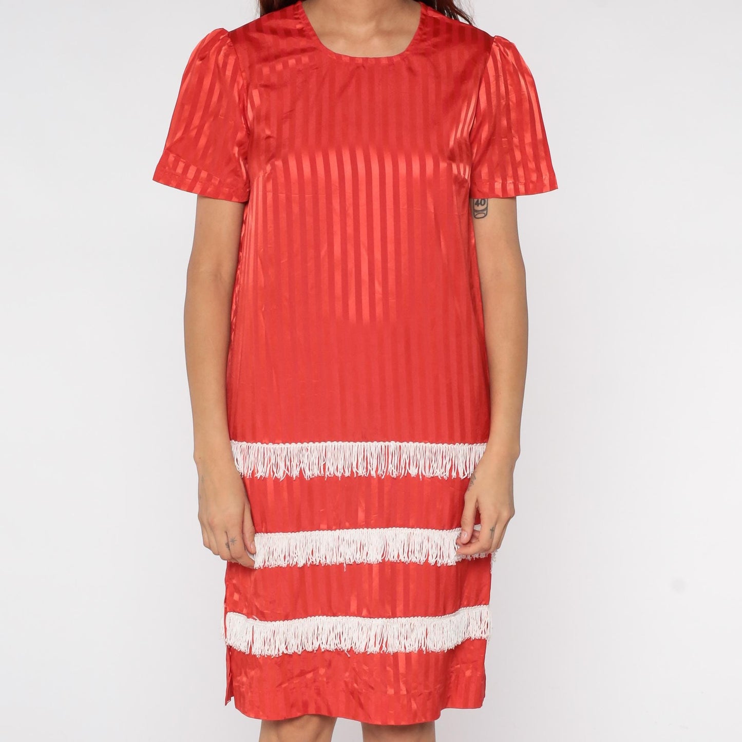 60s Red Satin Striped Shift Dress White Fringe Trim Mini XS