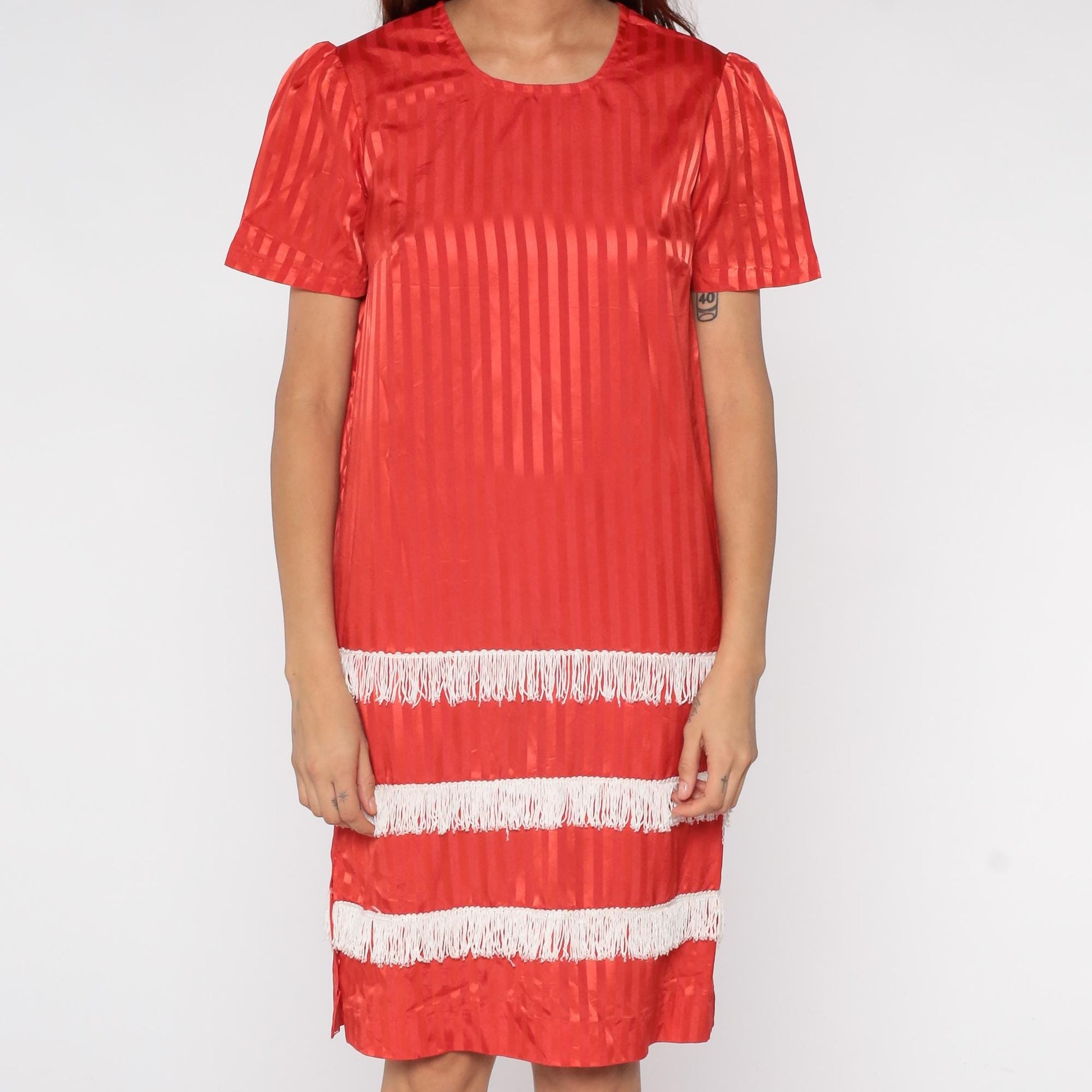 60s Red Satin Striped Shift Dress White Fringe Trim Mini XS