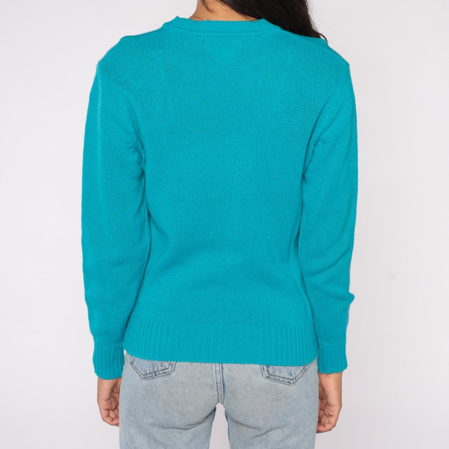 80s Turquoise Acrylic Crew Neck Sweater Knit Pullover Large L