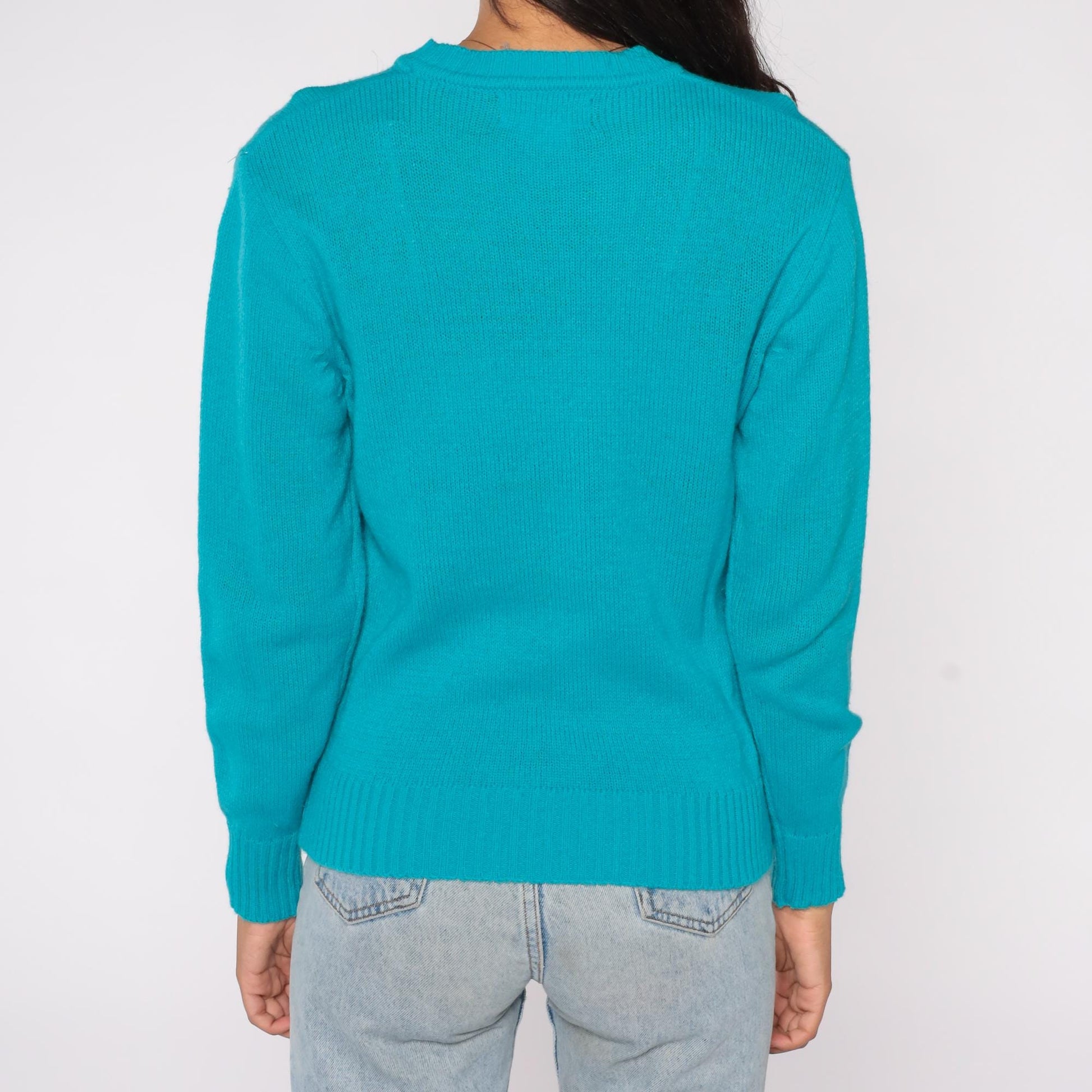 80s Turquoise Acrylic Crew Neck Sweater Knit Pullover Large L