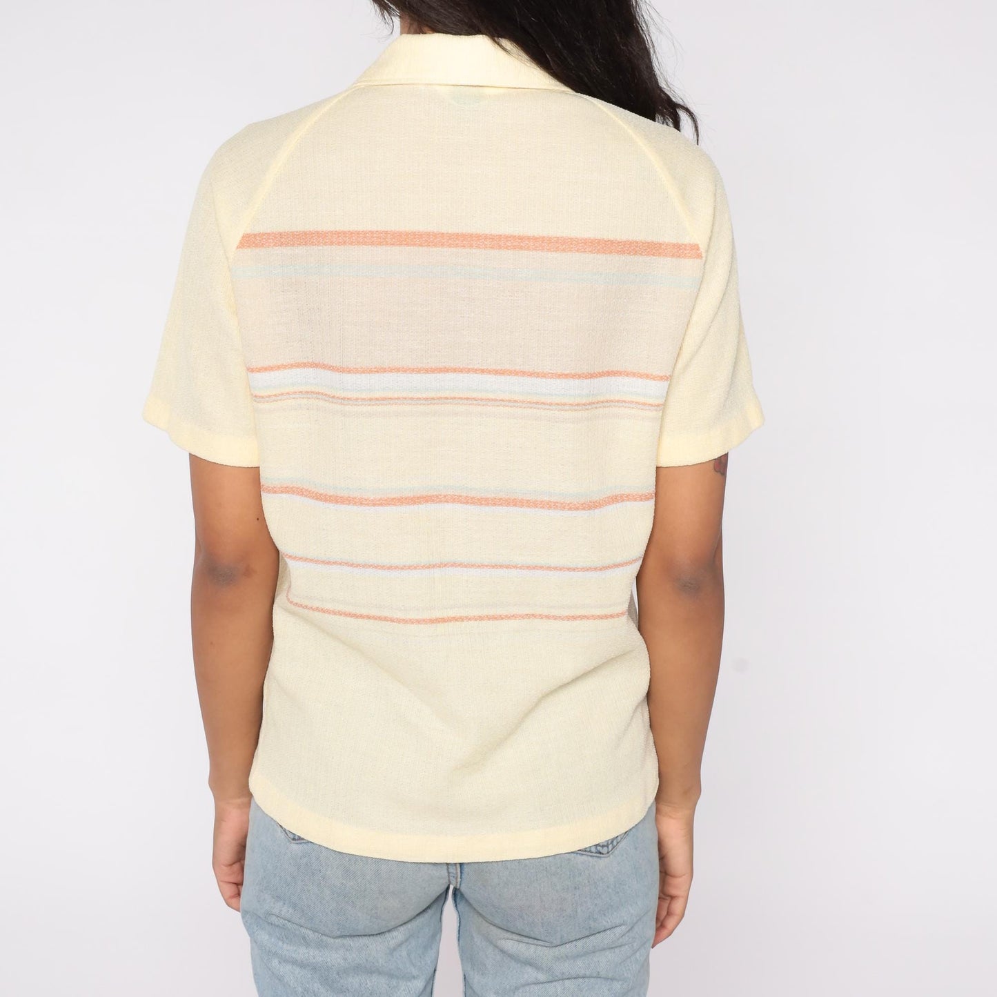 70s Charisma California Knit Polo Shirt Yellow Striped Collared Large