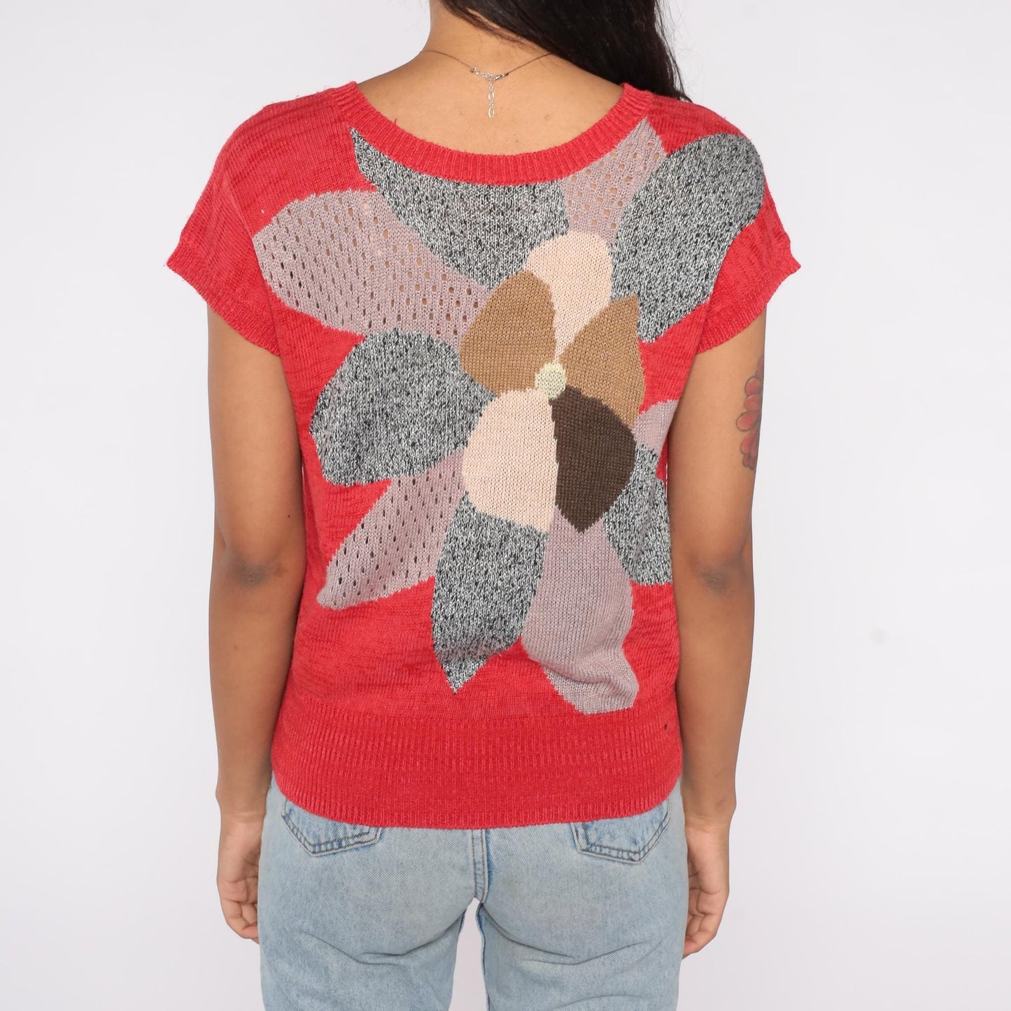 80s Red Knit Top Floral Graphic Open Weave Short Sleeve Small