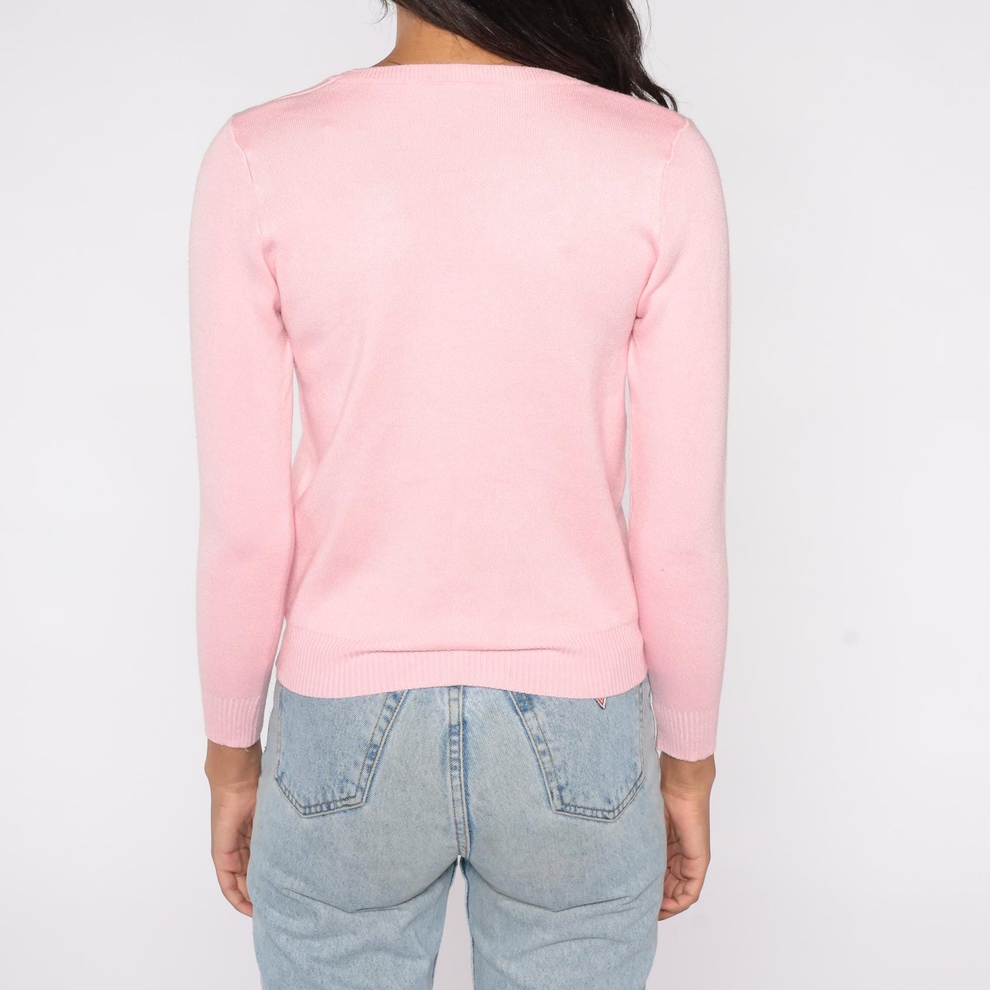 70s Pink Floral Embroidered Knit Sweater Crew Neck Long Sleeve Small S