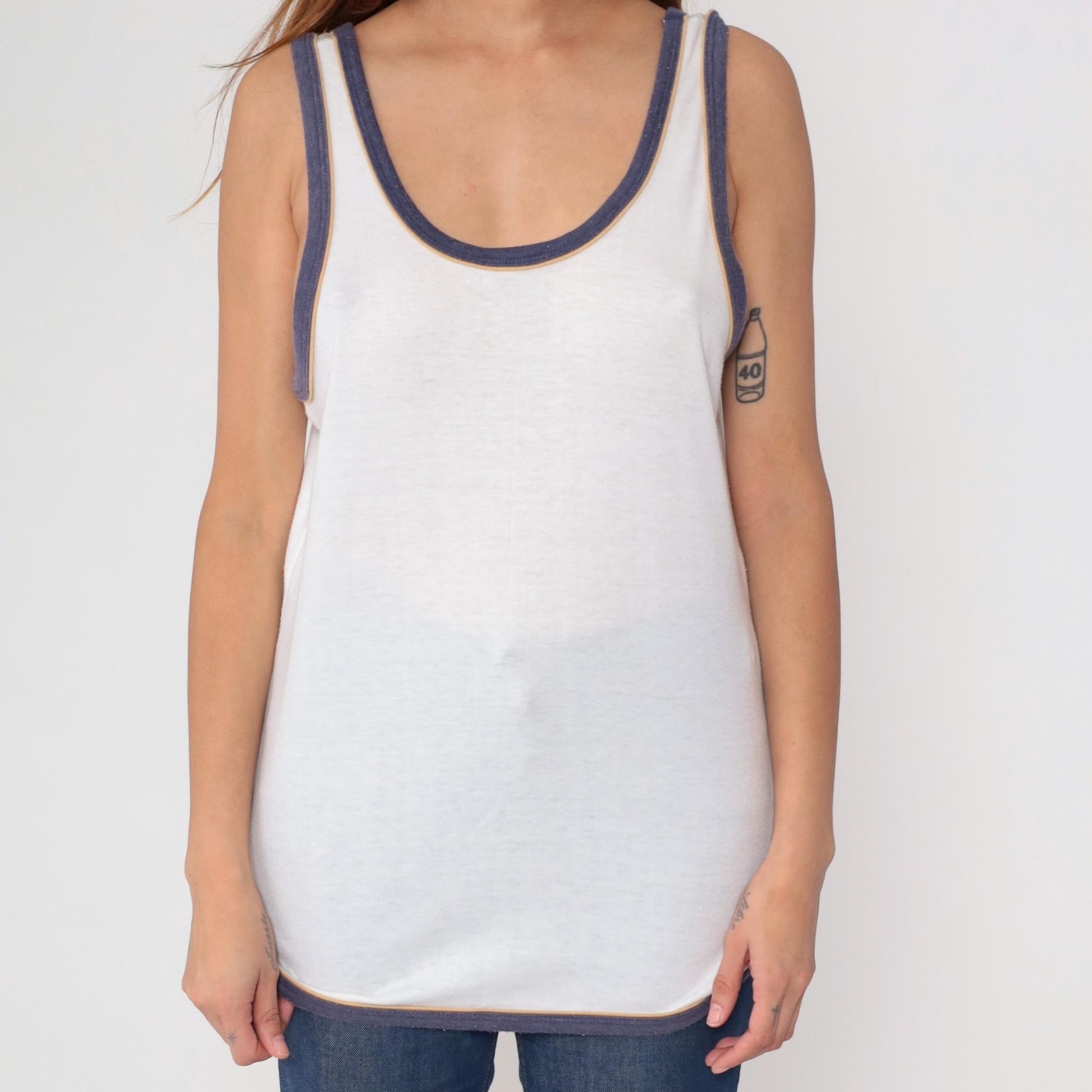 80s Laguna White Cotton Tank Top Navy Ringer Trim Scoop Neck Large L