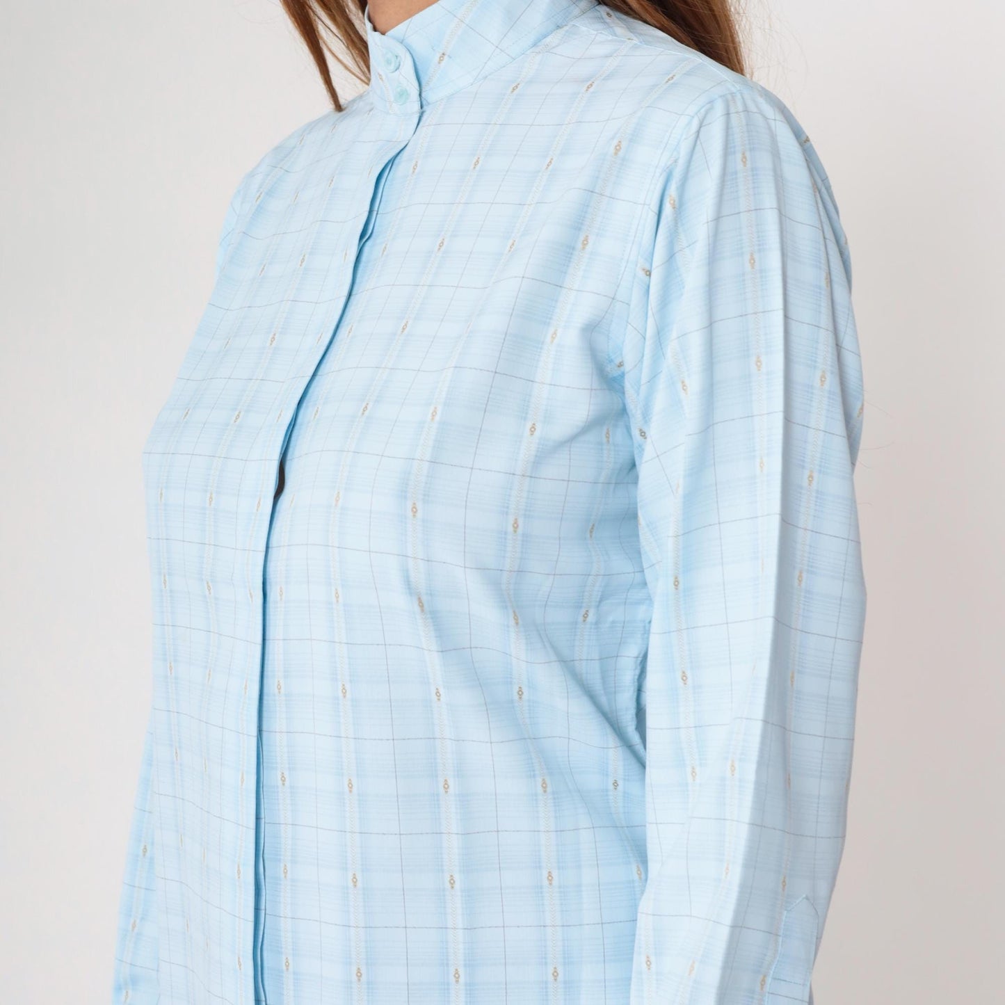 80s Royal Highness Powder Blue Mandarin Collar Blouse Windowpane Check Large