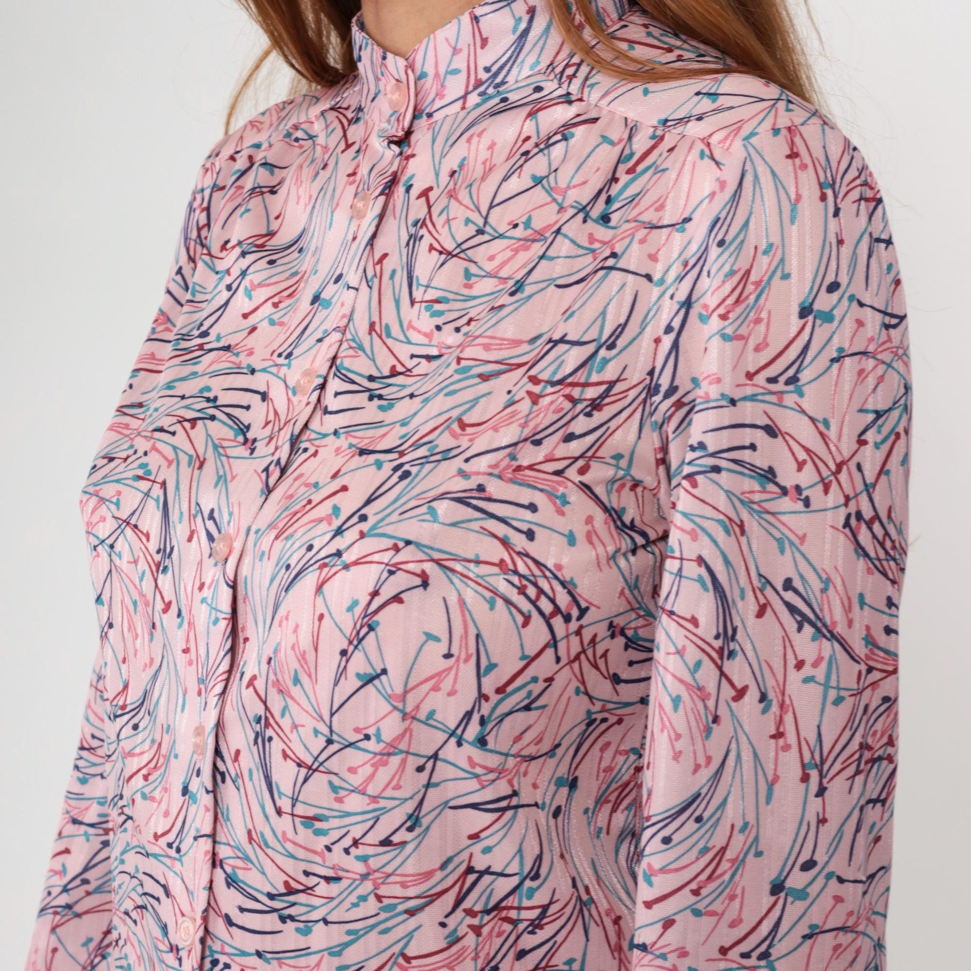 70s Devon Abstract Brushstroke Blouse Pink Navy Mandarin Collar Medium M