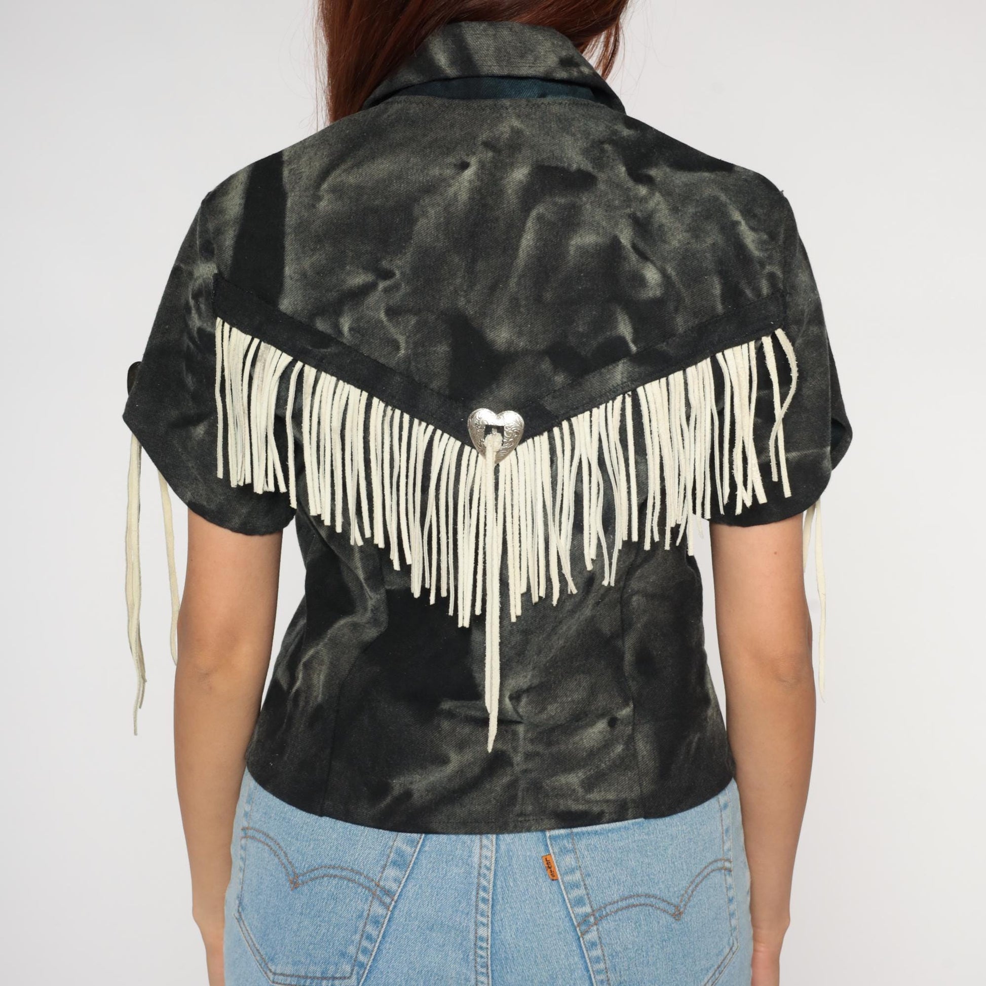90s Western Fringe Blazer Black Camo Suede Cropped Jacket Small S