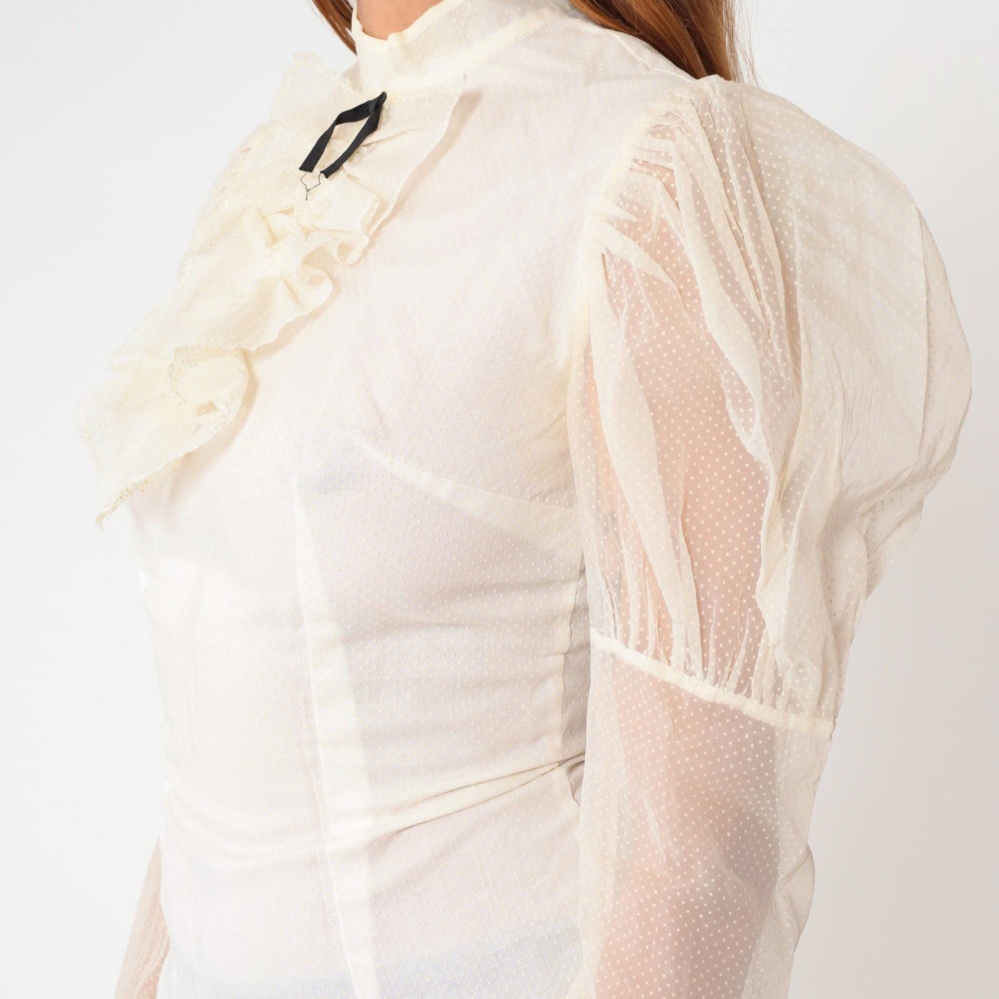60s White Victorian Blouse Puff Sleeve Ruffle High Neck Bow Tie Small S