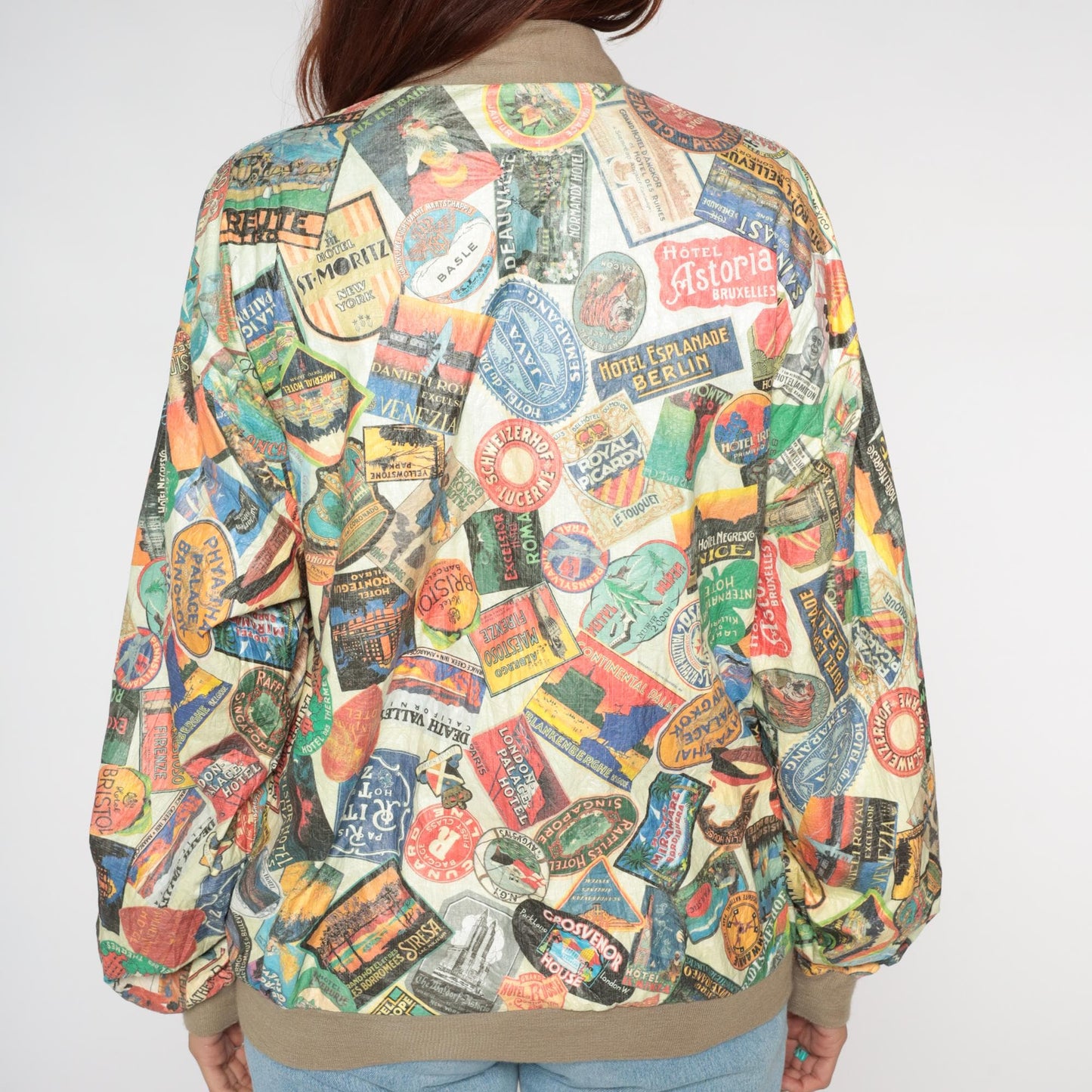 90s Travel Hotel Label Bomber Jacket Multicolor Graphic Medium Large