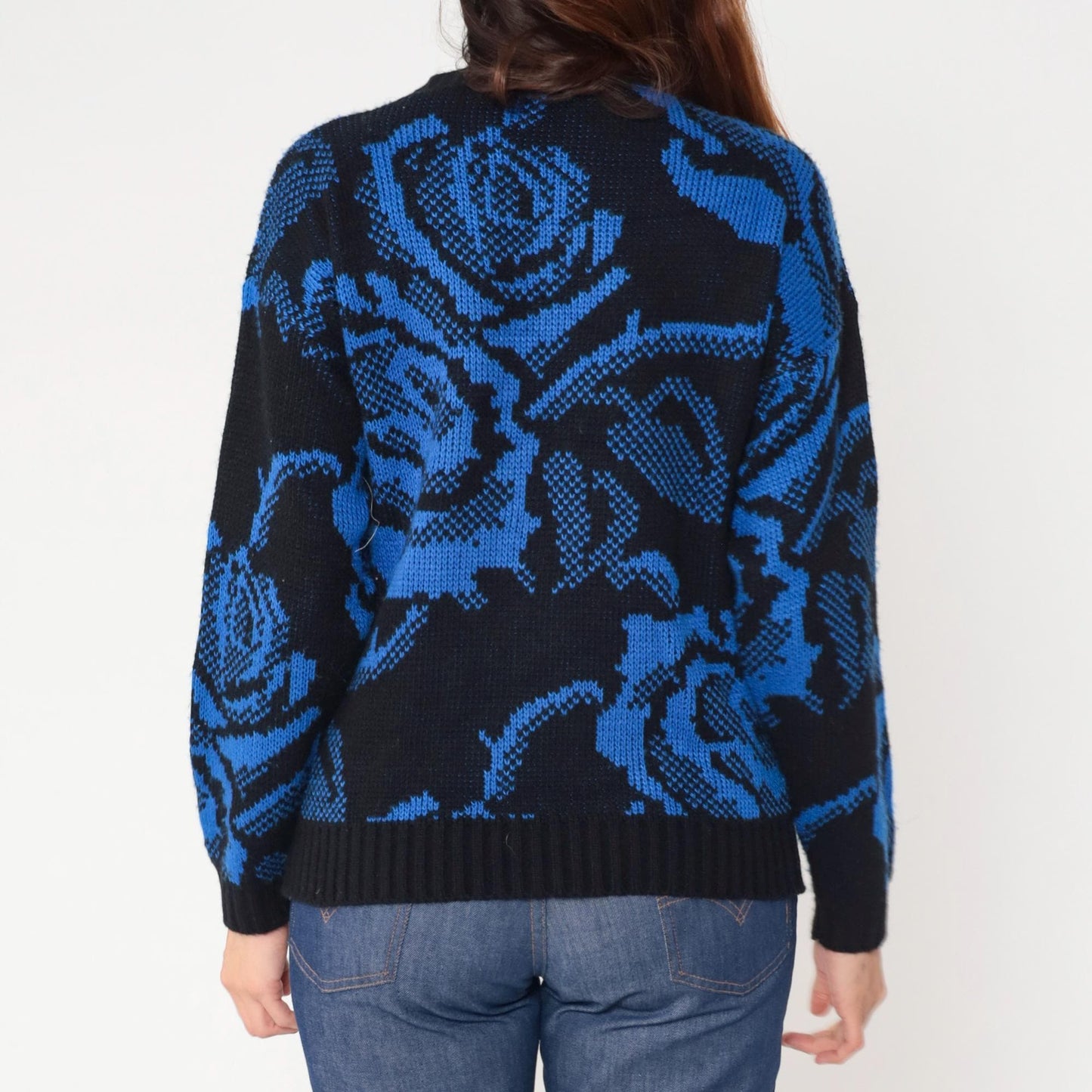 80s Basic Outlook Floral Knit Sweater Blue Black Rose Pattern Crew Neck Medium M